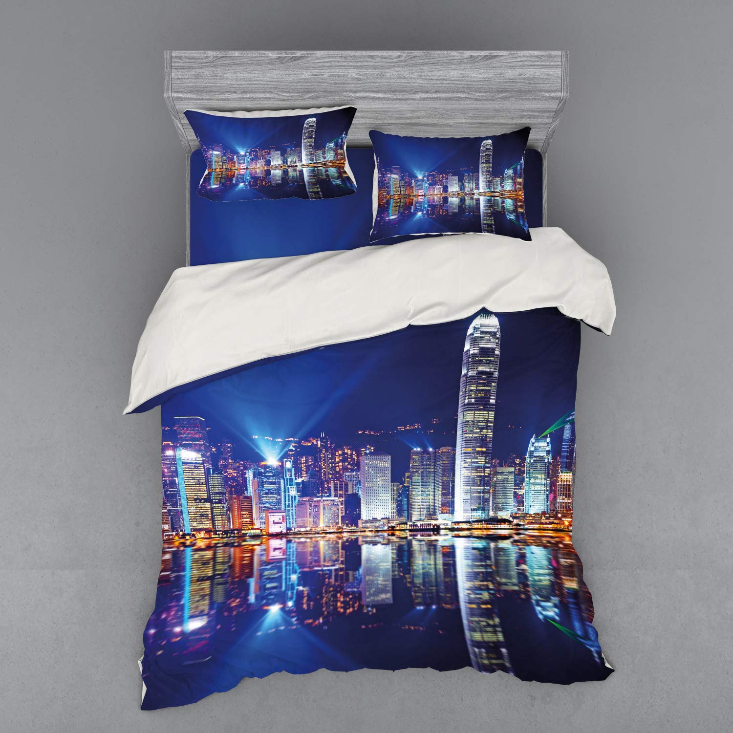 Ambesonne Hong Kong Island Skyline Duvet Cover Set - Vibrant Kowloon Water Reflection Design, 4-Piece Modern Chinese Bedding Set with 2 Pillow Shams & Fitted Sheet, Queen Size in Royal Blue, Orange & White - Perfect for Contemporary Bedrooms & Asian-Themed Home Decor
