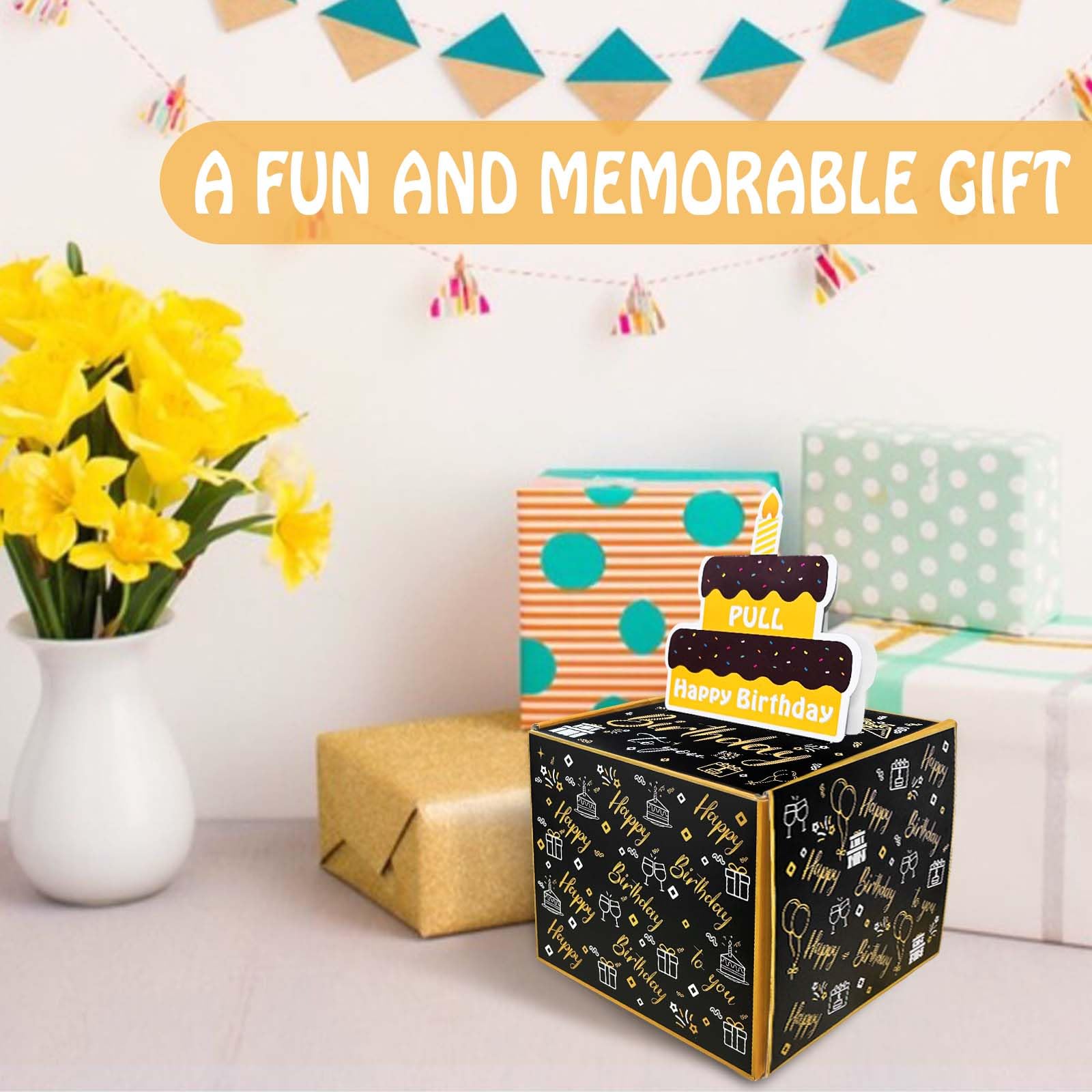 Happy Birthday Money Gift Box with Pull Out Card & Cash Holder - Black & Gold DIY Surprise Present Box for Parties, Graduation, Anniversary & Special Occasions