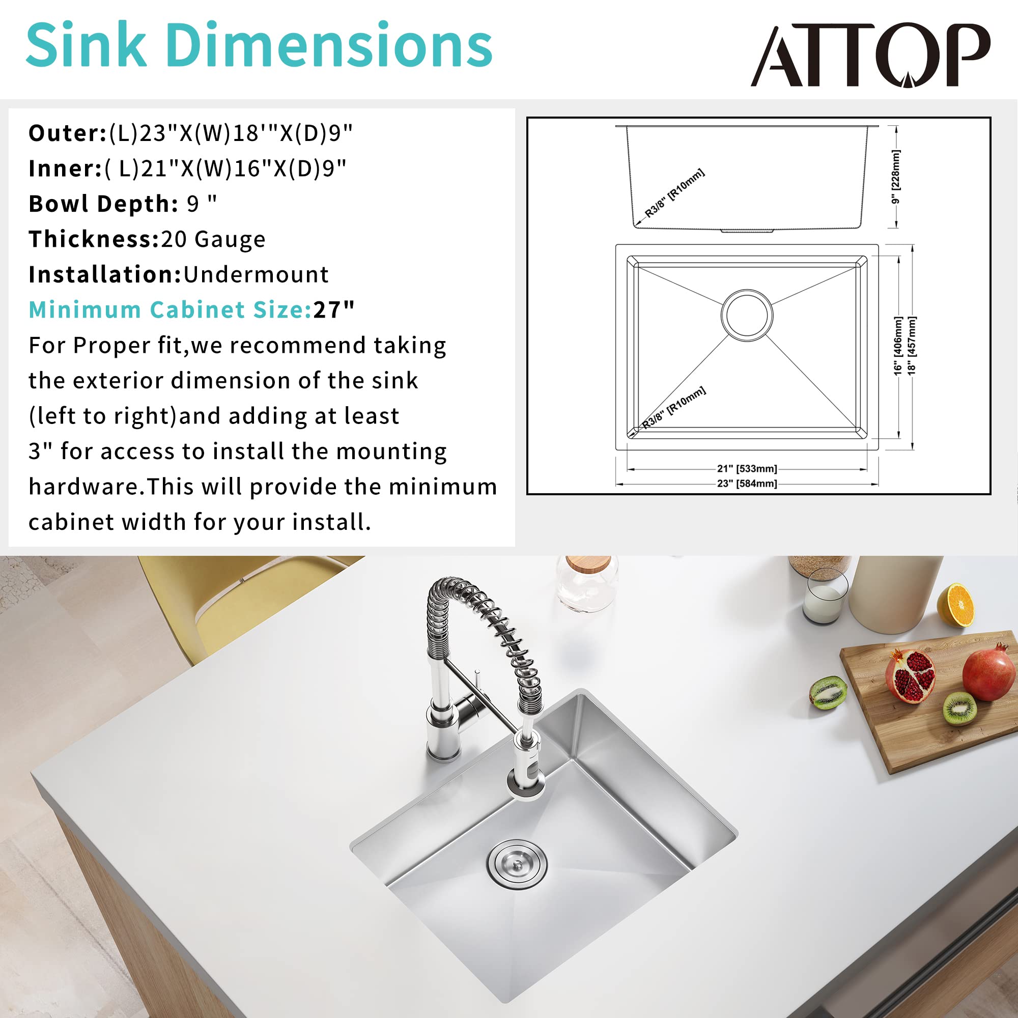 23 Inch Undermount Kitchen Sink - Premium Nano Coated Stainless Steel Single Bowl Sink for Modern Kitchens | Perfect for Food Prep, Dishwashing & Contemporary Home Design