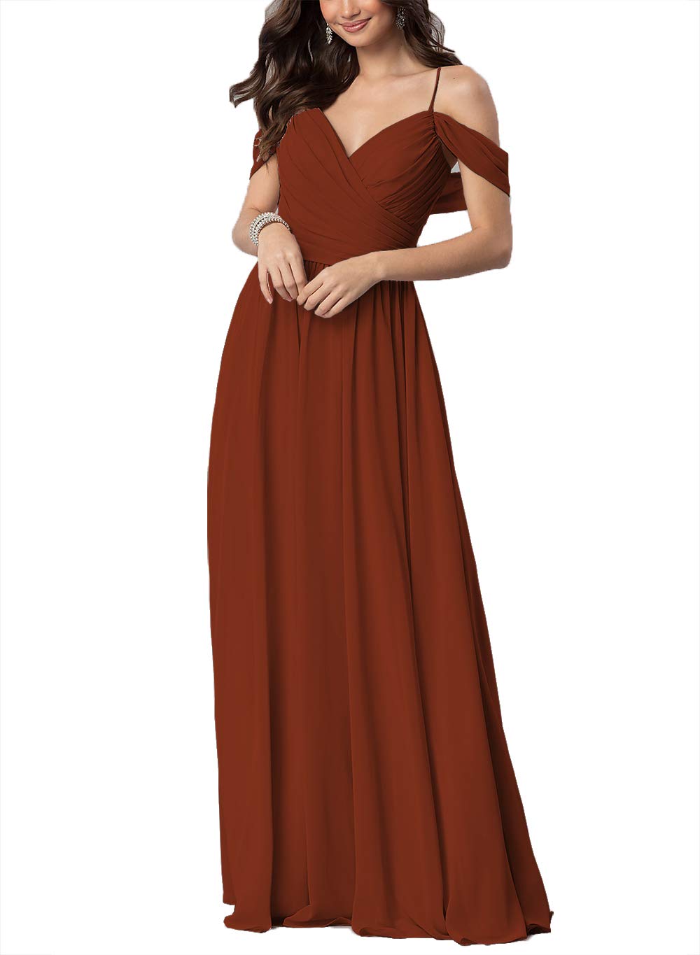 Elegant Long V-Neck Off Shoulder Chiffon Bridesmaid Dress for Women - Perfect for Weddings, Prom, Formal Events & Special Occasions