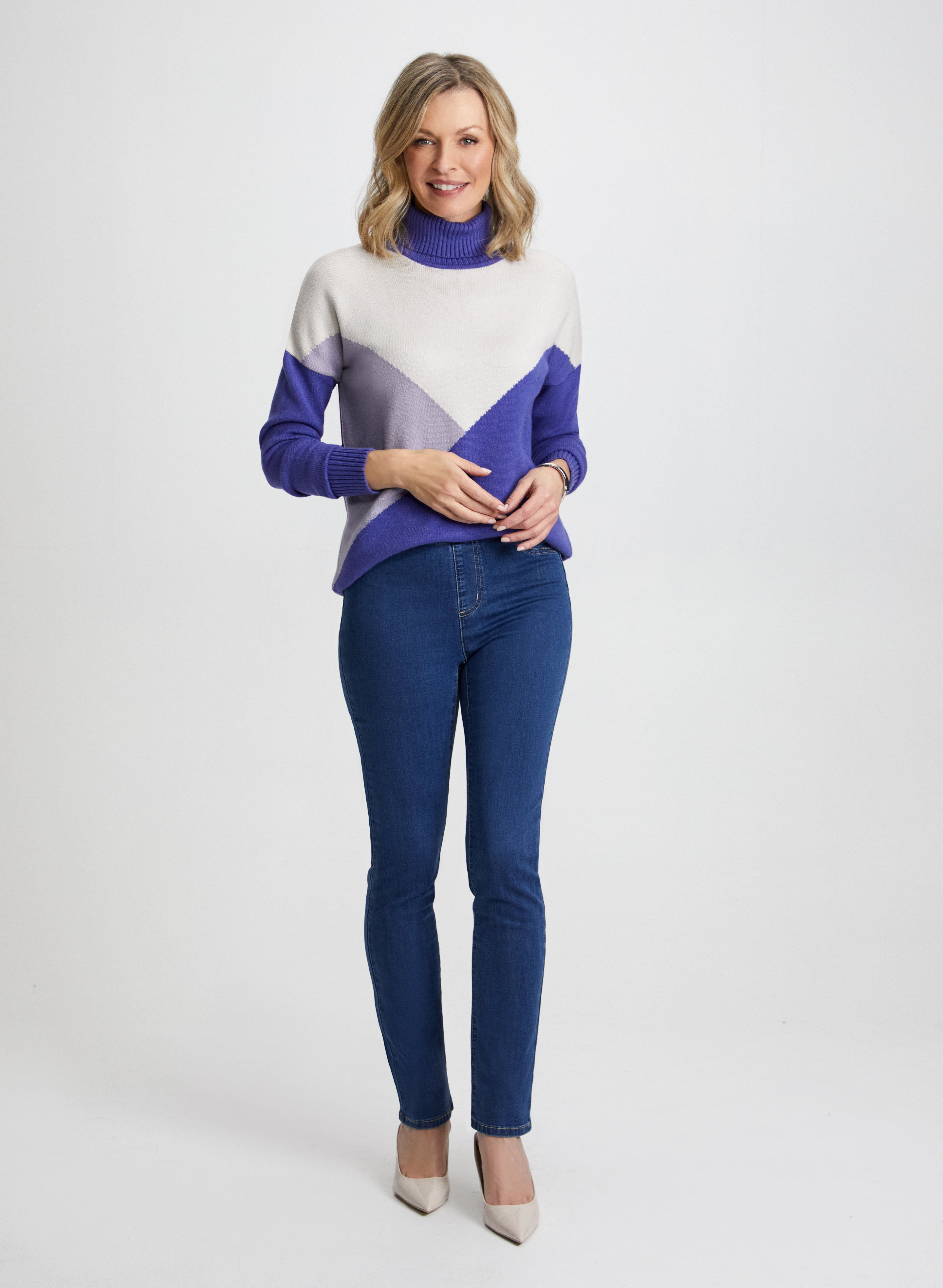 Color Block Sweater & Pull-On Jeans Set - Trendy Casual Outfit for Women | Perfect for Fall Fashion, Weekend Outings and Coffee Dates