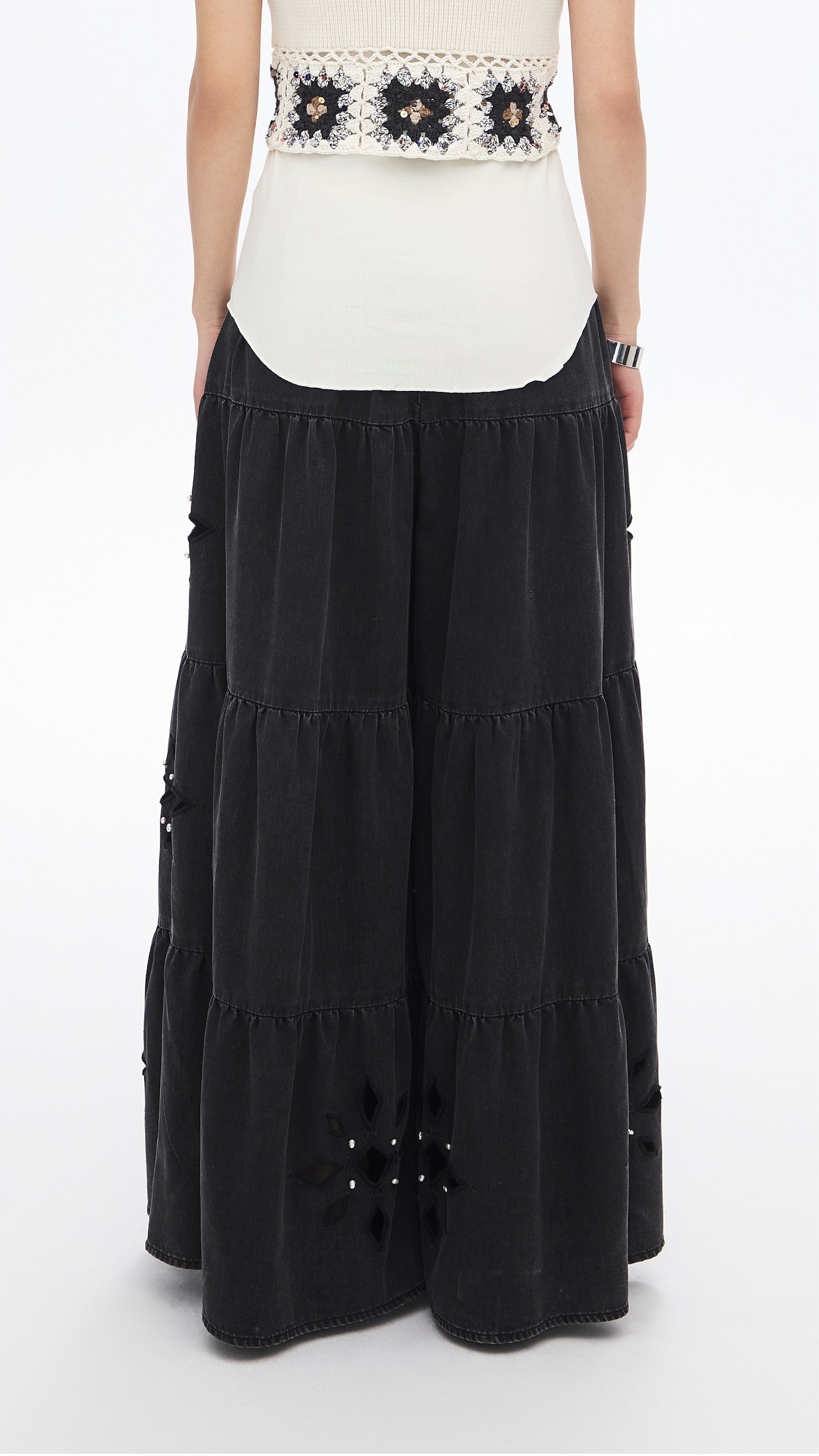 Embroidered Eyelet Tiered Jeans for Women - Stylish Distressed Denim Pants with Lace Trim - Perfect for Casual Outings, Date Nights & Summer Fashion