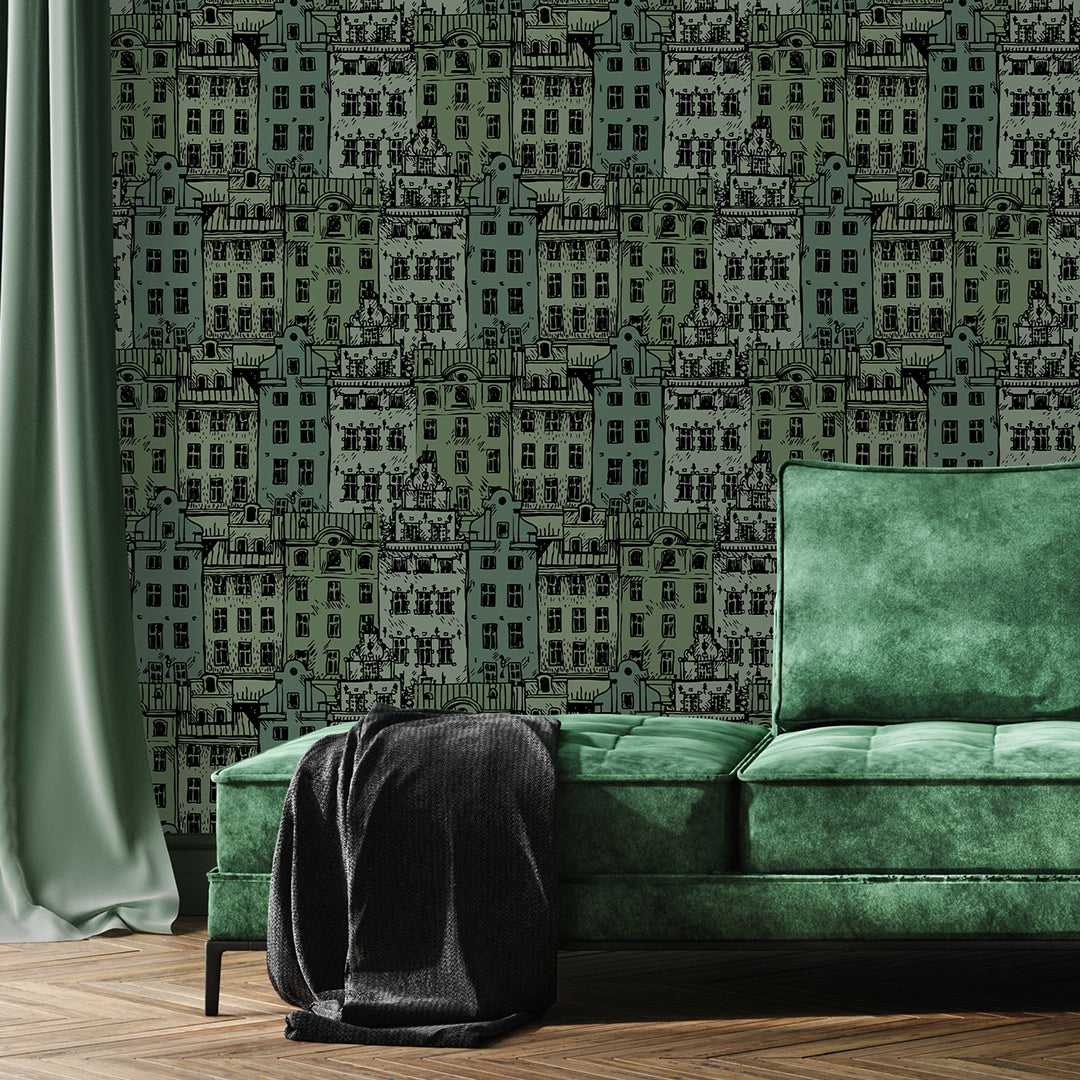 Green City Houses Wallpaper CC310 - Modern Urban Landscape Wall Mural for Living Room, Bedroom & Office Decor