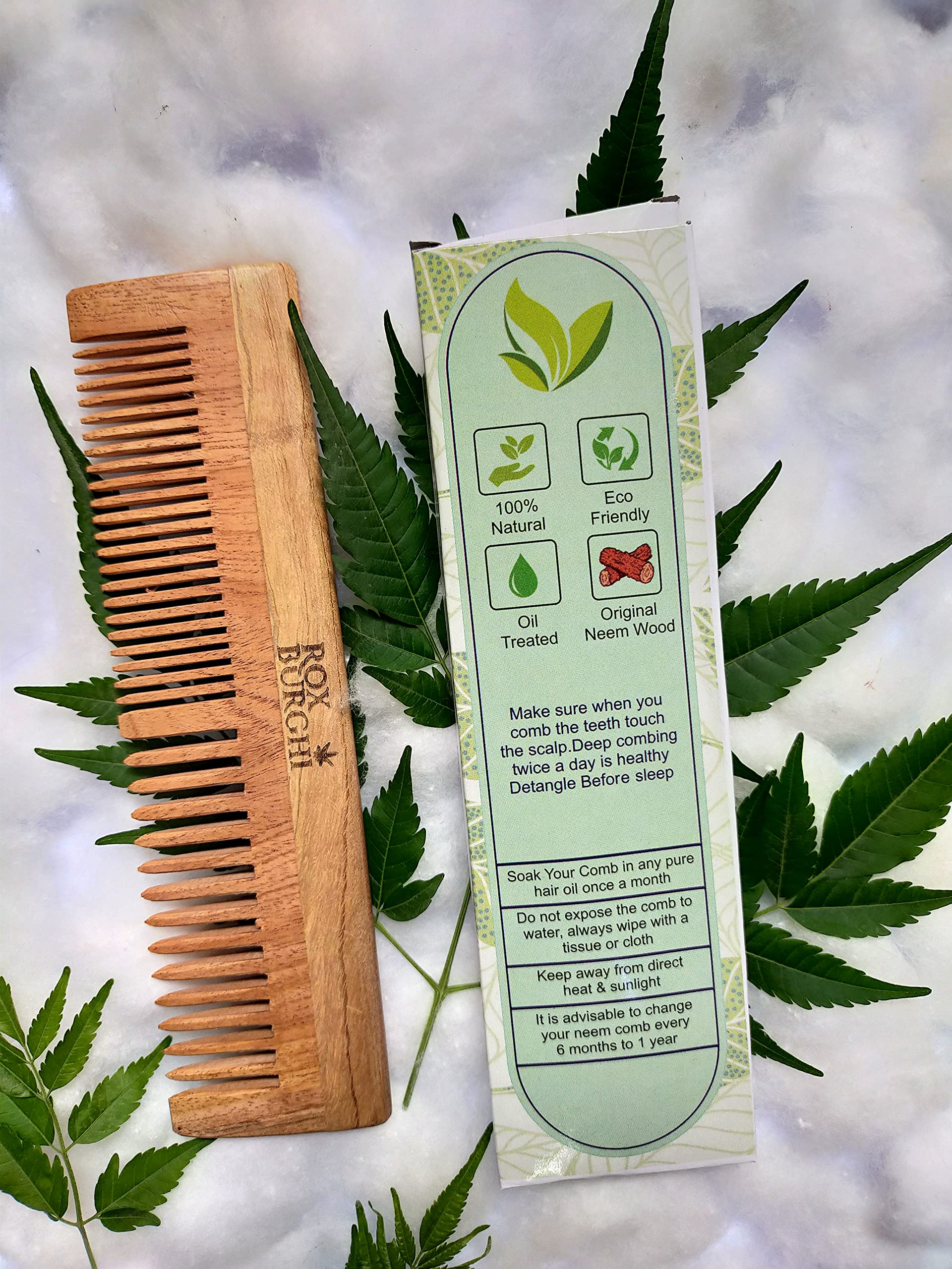 ROXBURGHI Neem Wood Comb for Hair Growth - Anti Hairfall, Dandruff & Frizzy Hair Control - Natural Straightening Comb for Smooth & Healthy Hair - Perfect for Daily Hair Care & Styling at Home or Salon