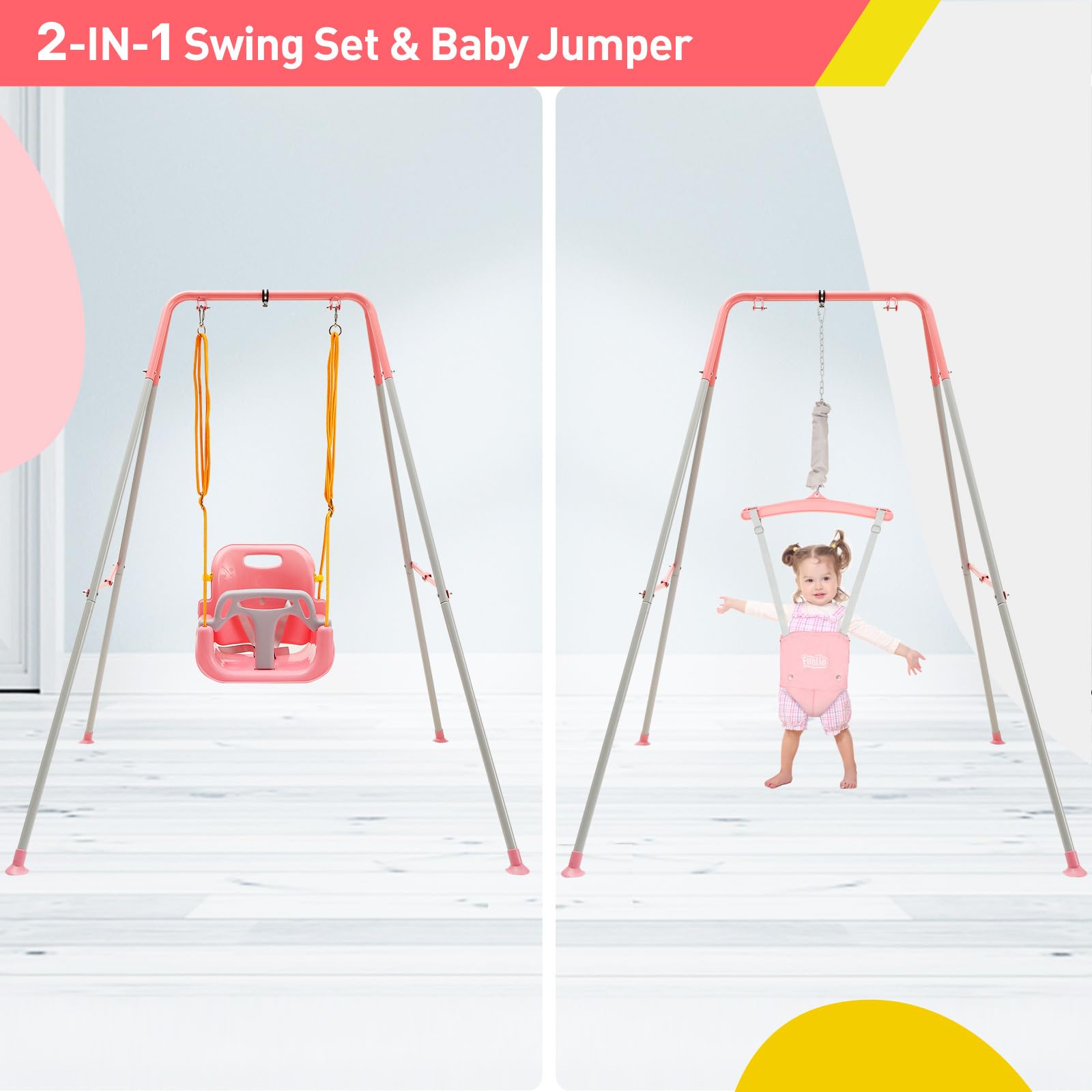 **FUNLIO 2-in-1 Baby Swing and Jumper for Toddlers - Heavy Duty Kids Swing Set with 4 Sandbags, Foldable Metal Stand - Indoor & Outdoor Play - Easy Assembly & Storage - Pink - Perfect for Backyards, Playrooms, and Daycares**