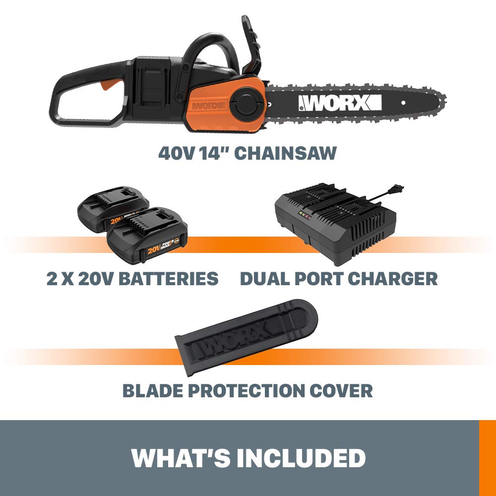Worx WG384 40V 14-Inch Cordless Chainsaw with Auto-Tension & Power Share Technology - Includes Battery & Charger - Perfect for Tree Trimming, Firewood Cutting, and Yard Maintenance
