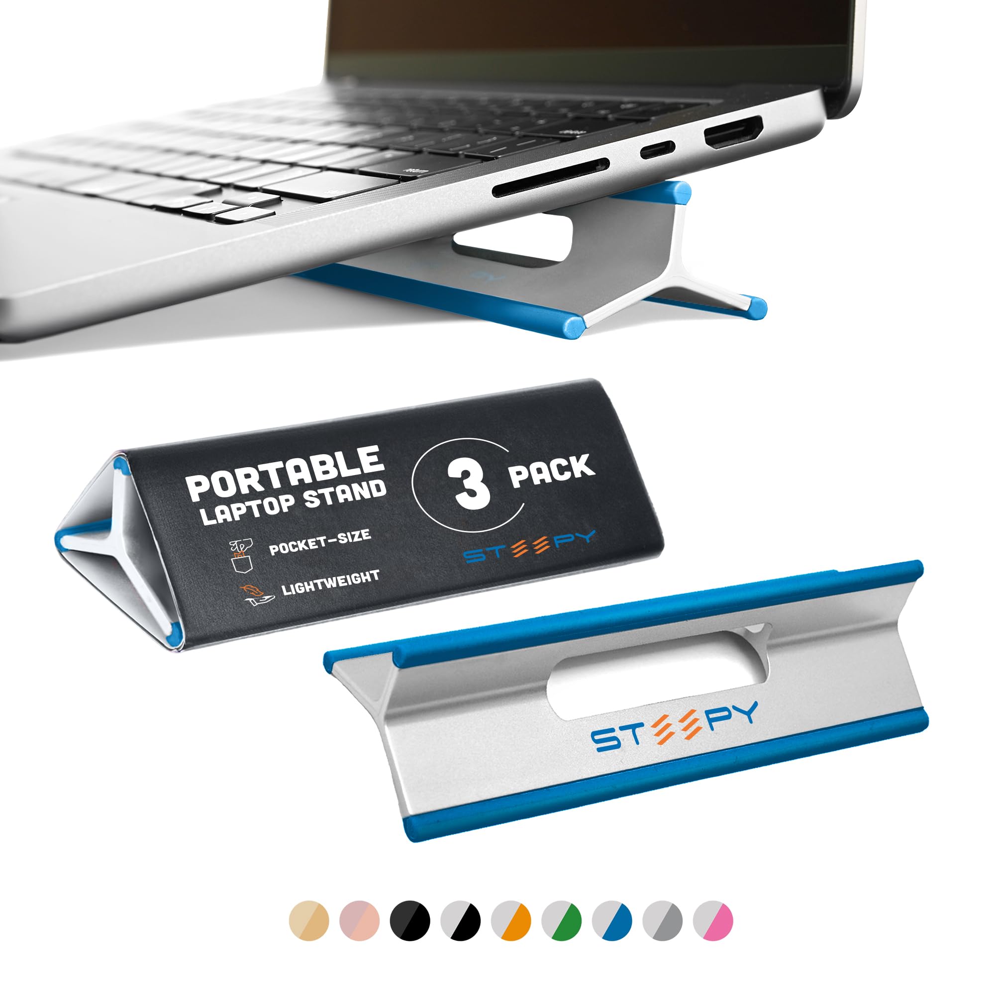 Steepy Low Profile Laptop Stand - 3 Height Adjustable Ergonomic Computer Riser - Lightweight Plastic Laptop Tilt & Angle Wedge for Home, Office, and Travel Use