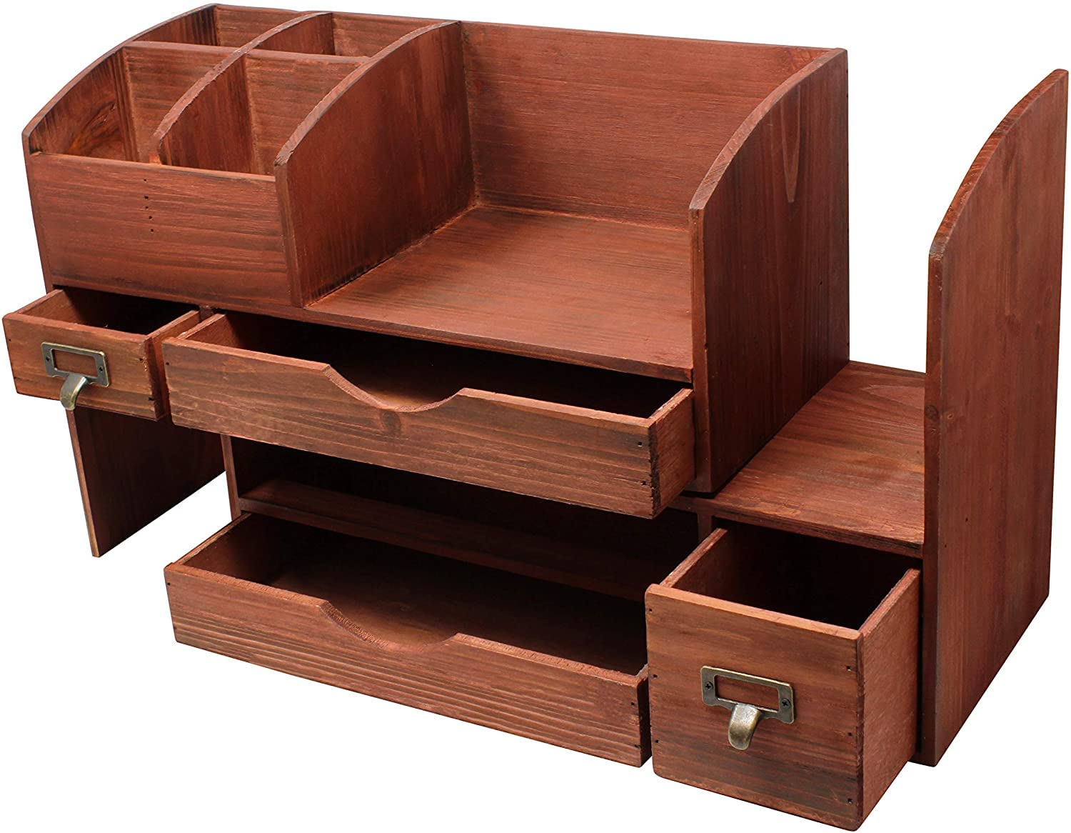 Premium Adjustable Wooden Desk Organizer - Cherry Wood Storage Shelf for Office Supplies, Mail & Accessories - Perfect for Home Office, Workspace & Countertop Organization