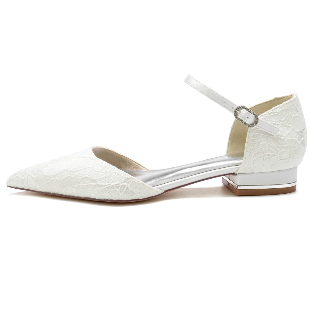 Elegant 2.5cm Women's Pointed Toe Satin Lace Ballet Flats with Ankle Strap Buckle - Comfortable Dressy Flats for Evening, Bridal, Party & Casual Wear - White Size 9.5 US - Perfect for Weddings, Proms, Dances & Office Outfits