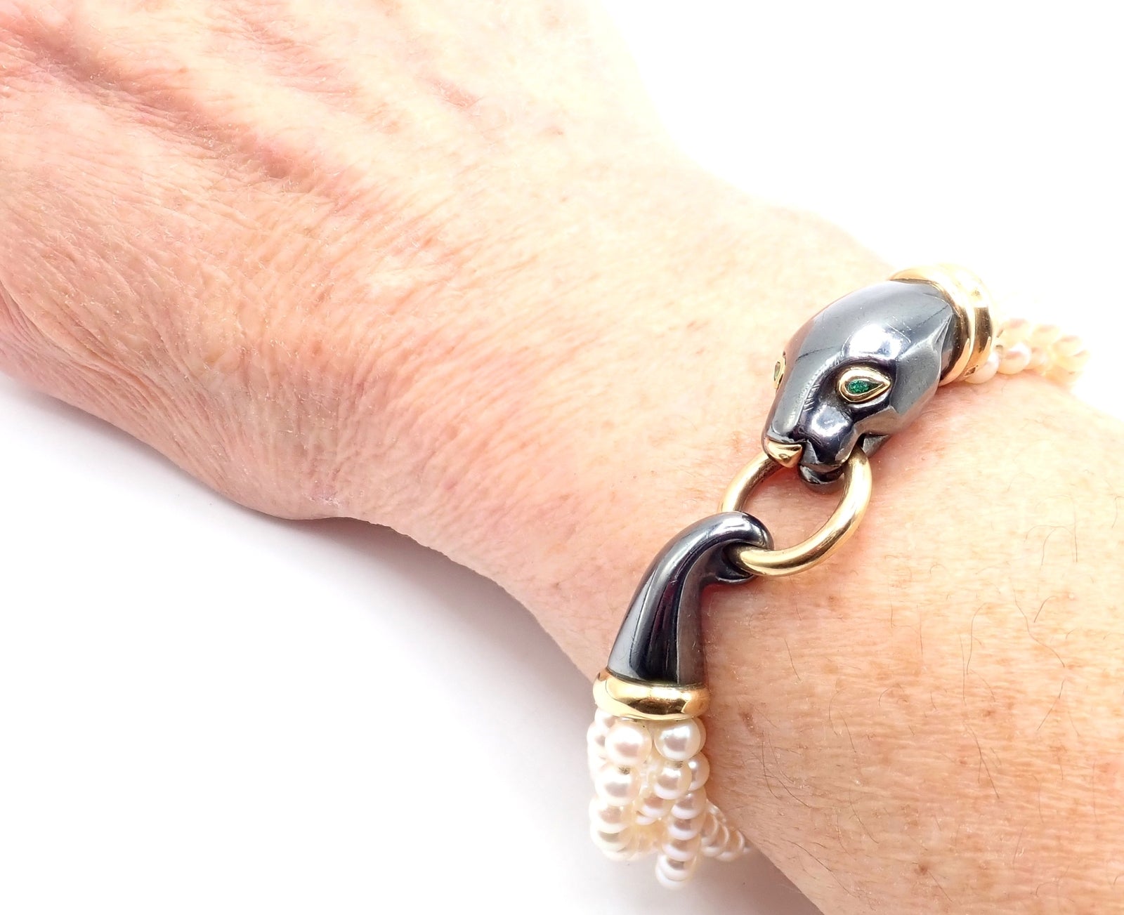 Cartier Panthere 18K Yellow Gold & Silverium Pearl Emerald Bracelet - Luxury Jewelry for Women, Elegant Gift for Special Occasions, Perfect for Weddings and Evening Events