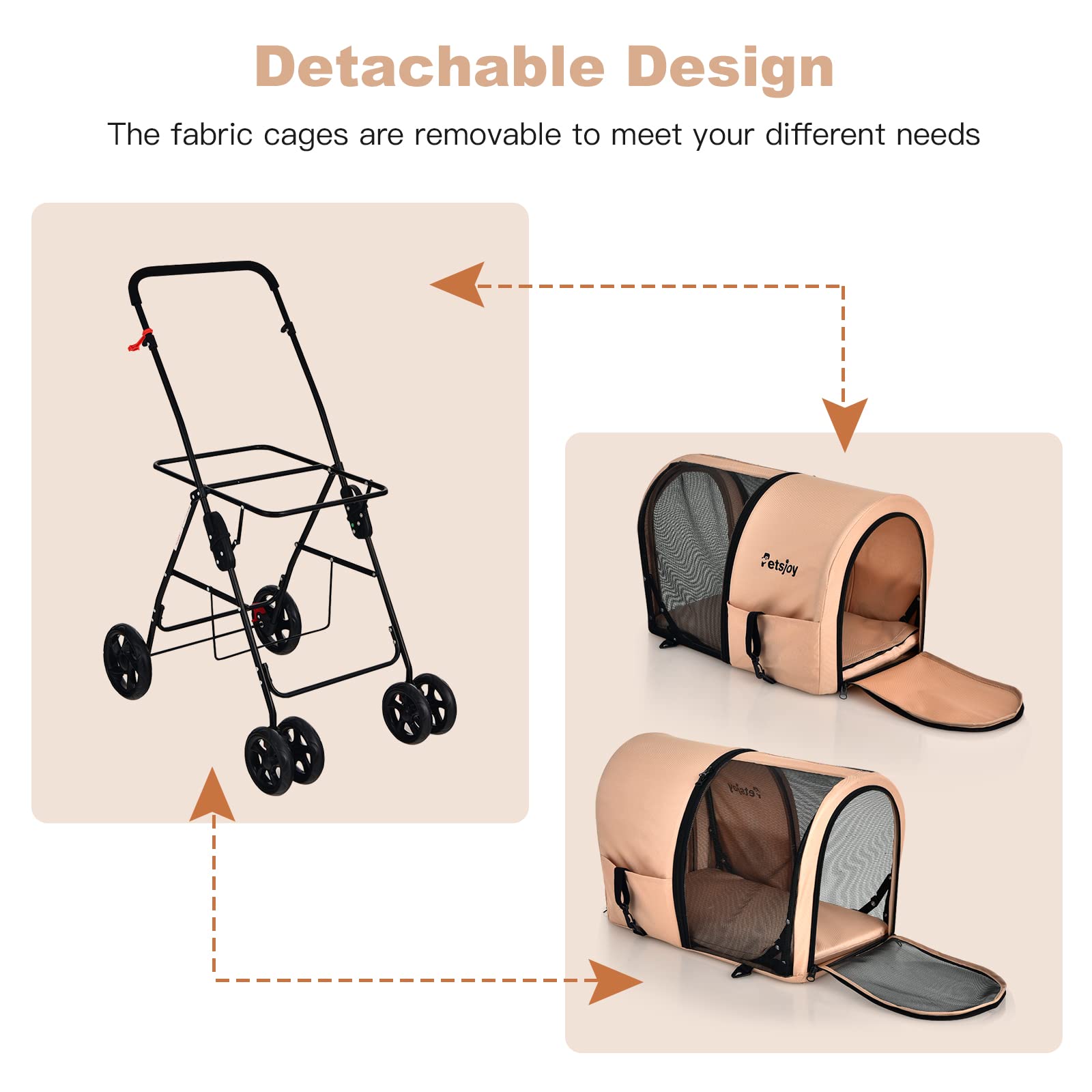 Foldable Double Dog Stroller for 2 Small/Medium Pets - Detachable Carrier Wheels, Jogger Stroller Crate for Car Seat - Perfect for Walking, Camping & Travel (Beige) | Ideal for Vet Visits, Park Outings & Shopping Trips