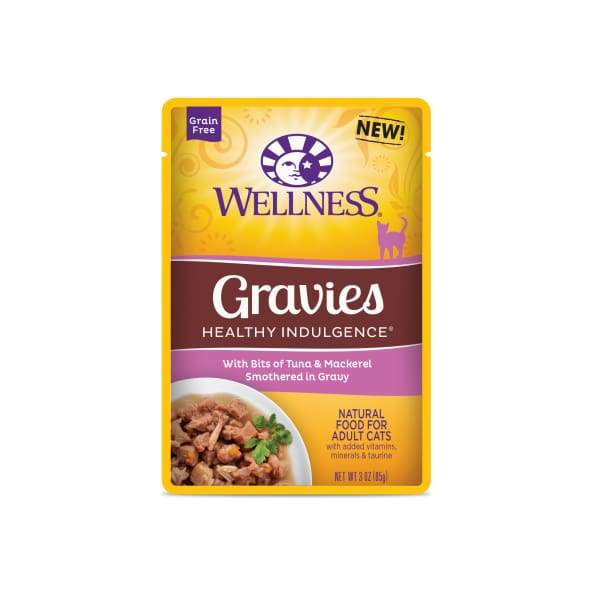 Premium Wellness Healthy Indulgence Gravies Tuna & Mackerel Wet Cat Food 3oz (12-Pack) - Grain-Free, High-Protein Cat Treats for Adult & Senior Cats - Perfect for Mealtime, Training Rewards & Weight Management