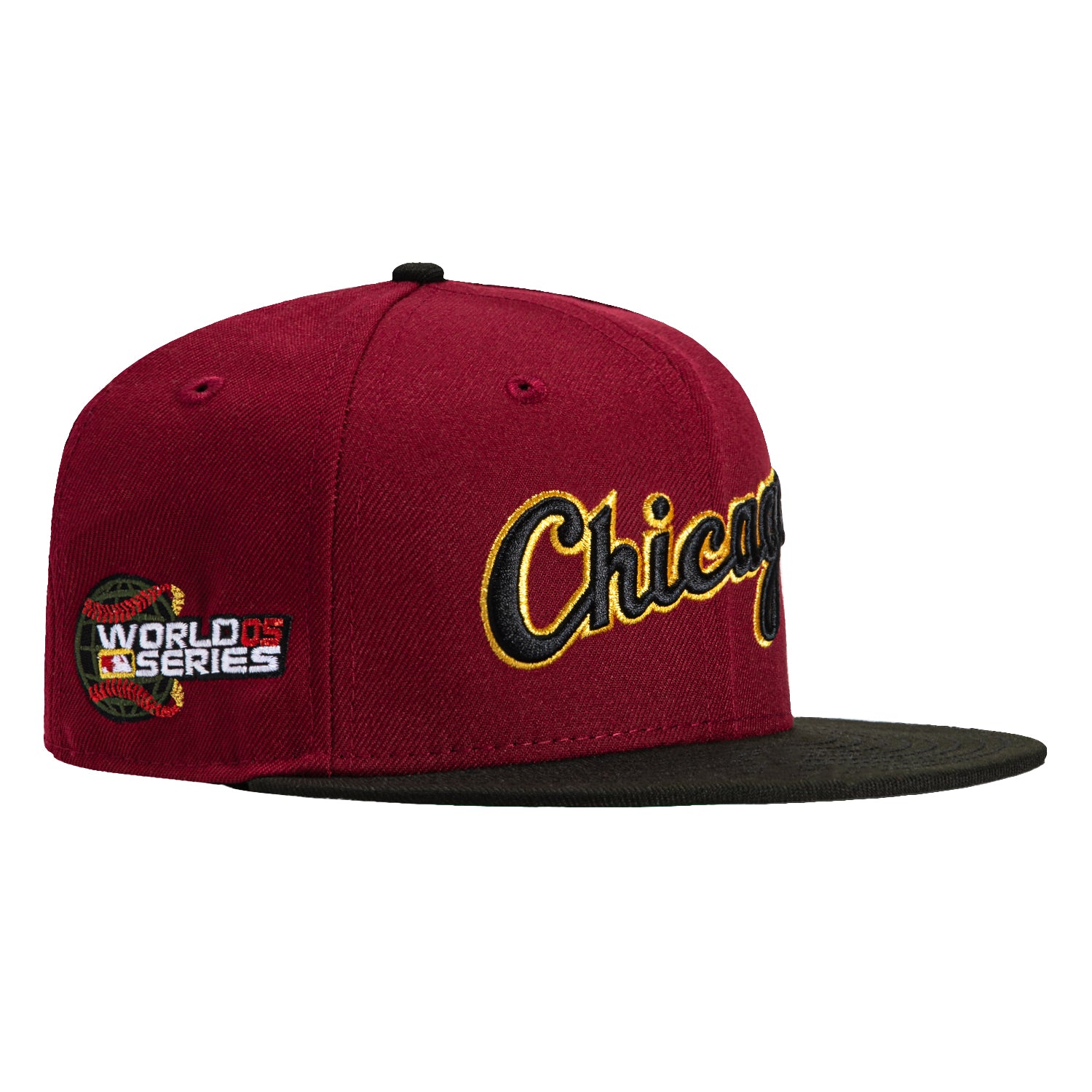 New Era 59Fifty Chicago White Sox 2005 World Series Patch Script Hat - Cardinal, Black & Metallic Gold Colors | Official MLB Baseball Cap for Fans & Collectors | Perfect for Games, Gifts & Sports Memorabilia