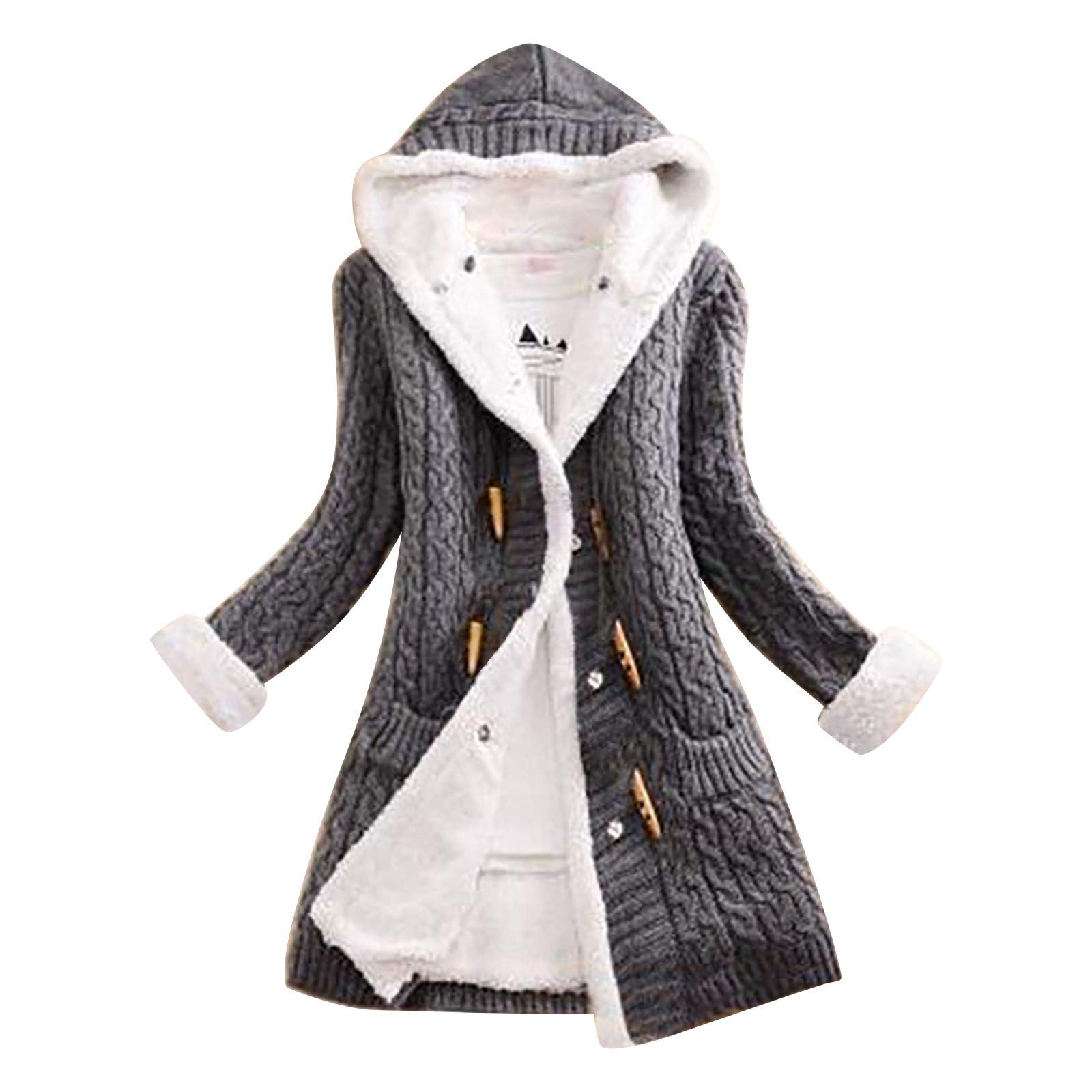 Women's Casual Knit Button Long Sleeve Thick Warm Hooded Cardigan Coat Sweater - Grey XXXXXL for Winter Outfits, Lounge Wear & Cozy Home Fashion