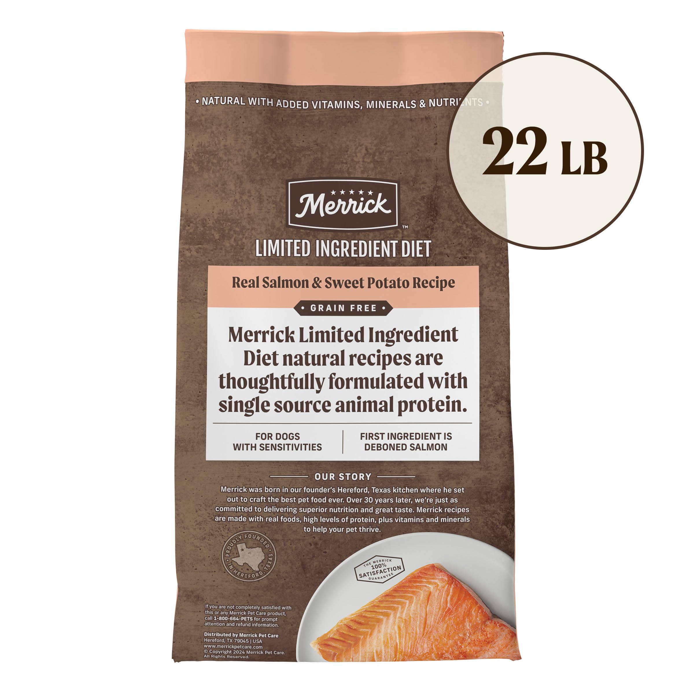 Merrick Limited Ingredient Diet Grain Free Dry Dog Food - Salmon & Sweet Potato Recipe - 22 lb Bag | Premium Healthy Kibble for Dogs with Food Sensitivities | Perfect for Adult Dogs with Allergies or Sensitive Stomachs