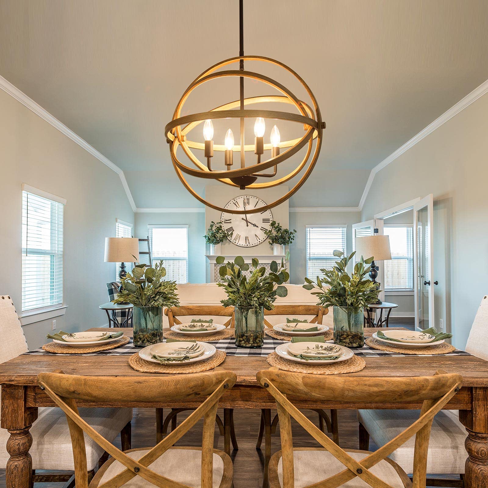 Farmhouse Chandelier Lighting - 4-Light Orb Pendant Light Fixture with Wood Finish, 21