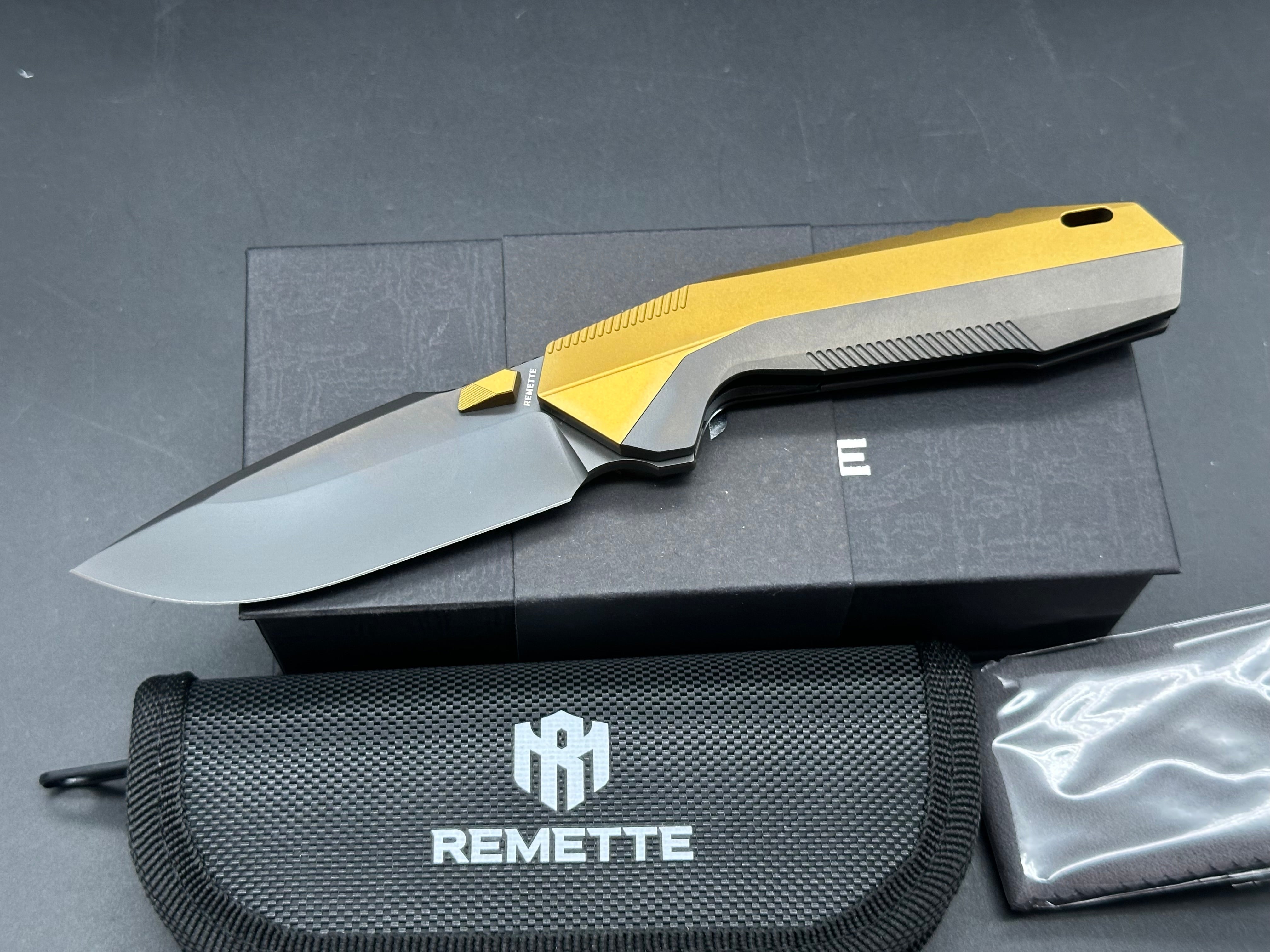 REMETTE RT WK1 G Folding Pocket Knife - Black DLC/Gold Titanium Handle, M390 Steel Drop Point Blade - EDC, Camping, Hunting & Outdoor Survival Tool