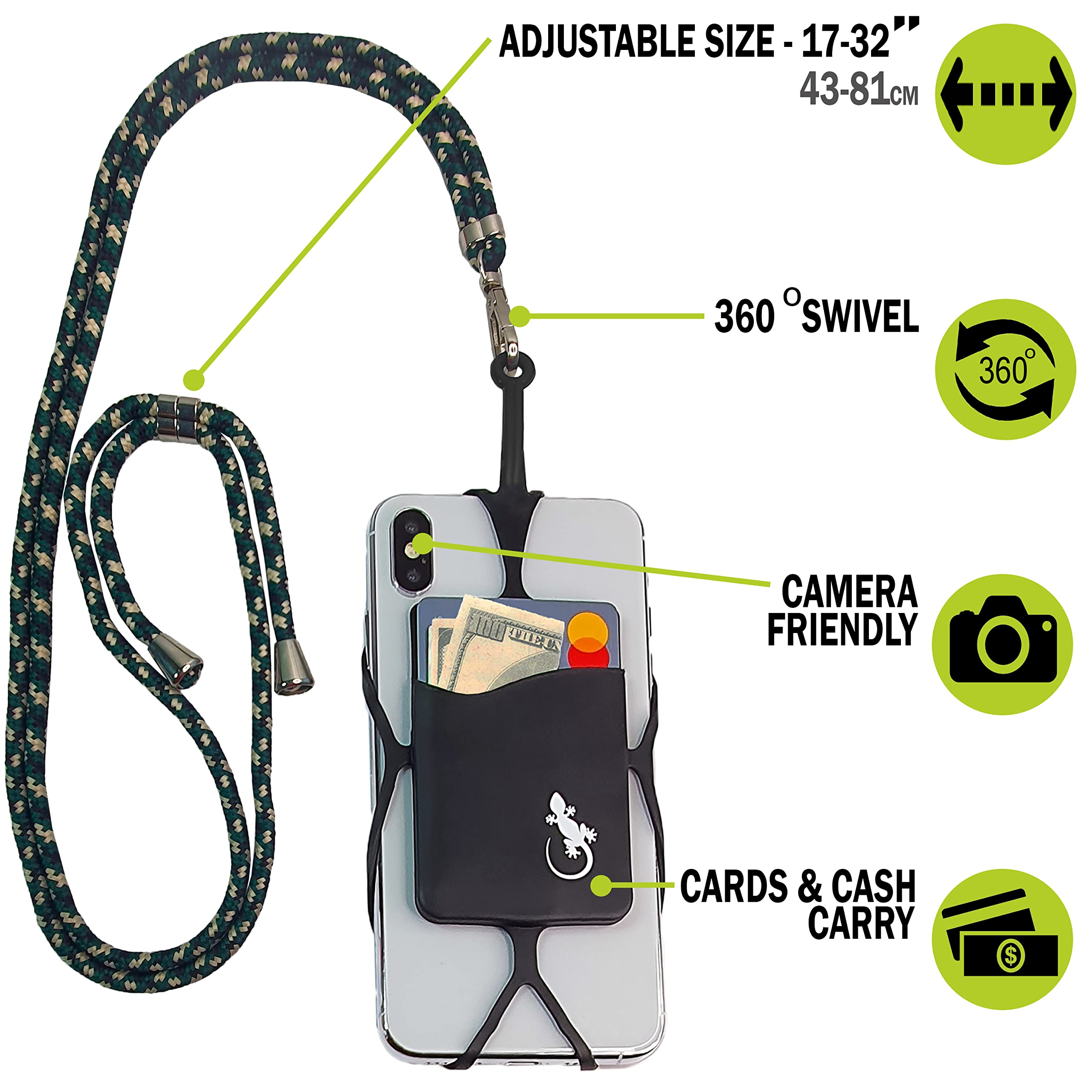 Gecko Cell Phone Lanyard Crossbody Strap - Adjustable Neck Phone Holder for iPhone & Android - Perfect for Travel, Work & Outdoor Activities