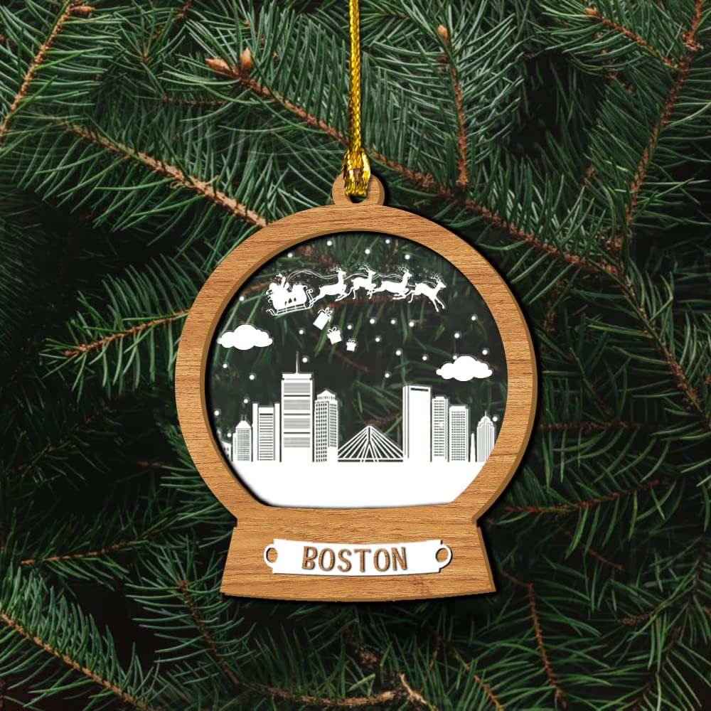 3D Wood Layered Personalized Boston Cityscape Christmas Ornaments - Set of 10 Handmade Tree Decorations for Holiday Home & Office Decor | Perfect Gift for Family & Friends