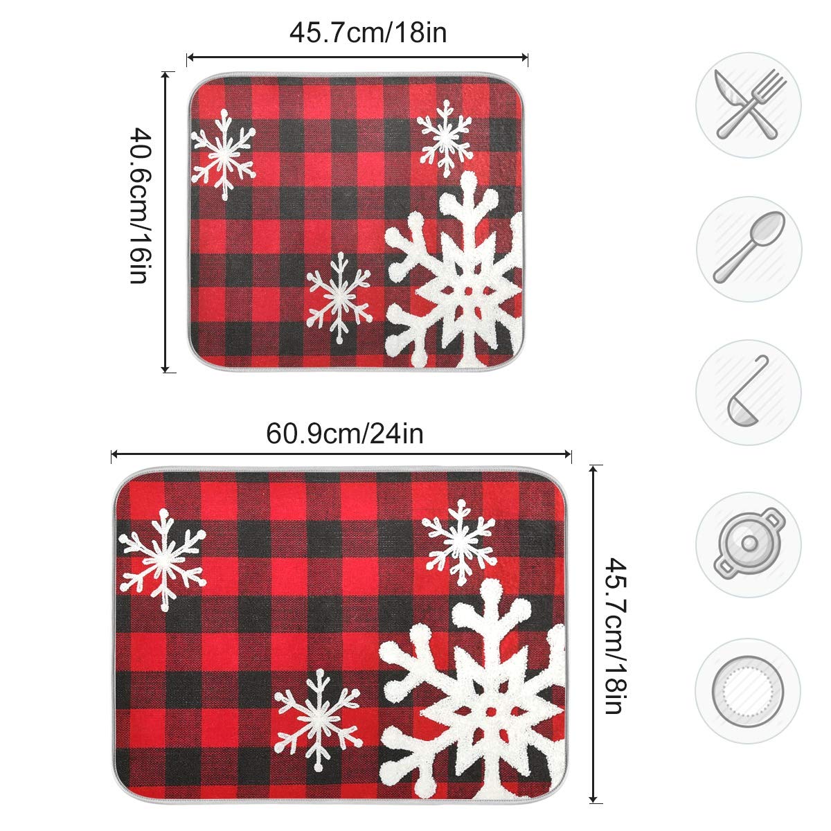 Christmas Plaid Dish Drying Mat 18x24 Inch - Red Black Snowflake Design for Kitchen Countertops & Bottles
