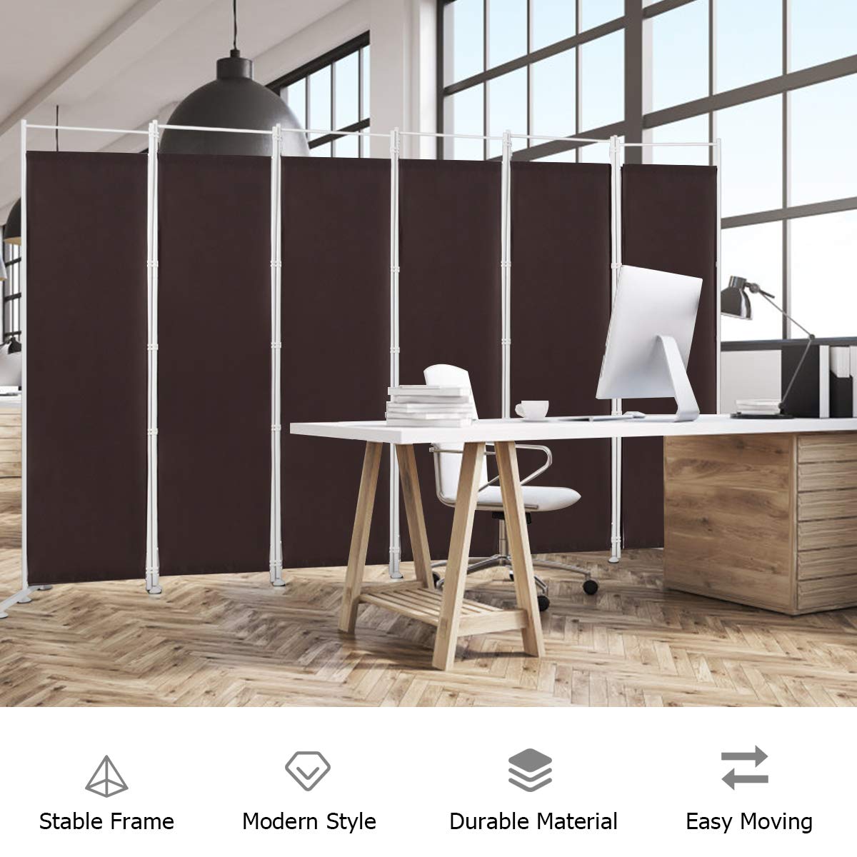 Giantex 6-Panel Folding Room Divider Screen - 6 Feet Tall Privacy Partition with Sturdy Steel Base | Lightweight Portable Room Separator for Home, Office, Dorm | Brown Wood Finish | Perfect for Creating Private Spaces in Living Rooms, Bedrooms or Events