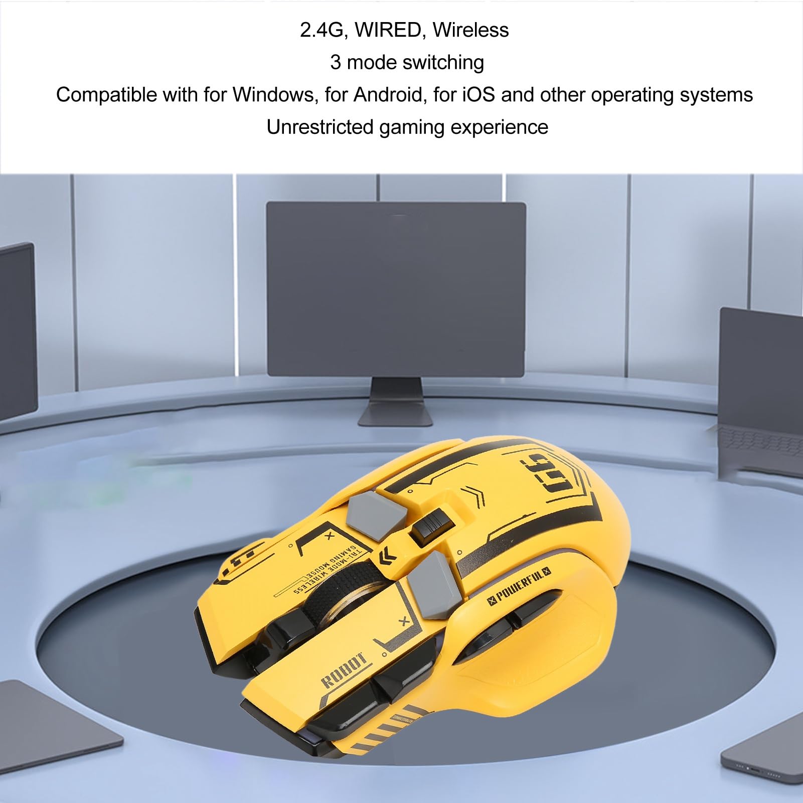 Wireless Gaming Mouse 2.4G Wired Bluetooth 3-in-1 RGB Mouse with 11 Color Lights & 5 Adjustable DPI - Compatible with Windows Android iOS (Yellow) - Perfect for PC Gaming, Office Work & Mobile Gaming