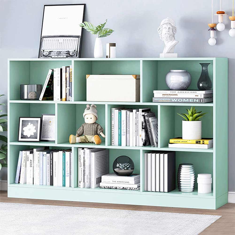 IOTXY 3-Tier Open Shelf Bookcase - Wooden Floor Standing Display Cabinet with Base, 10-Cube Short Horizontal Bookshelf in Tiffany Green - Perfect for Living Room, Bedroom, or Office Storage and Organization