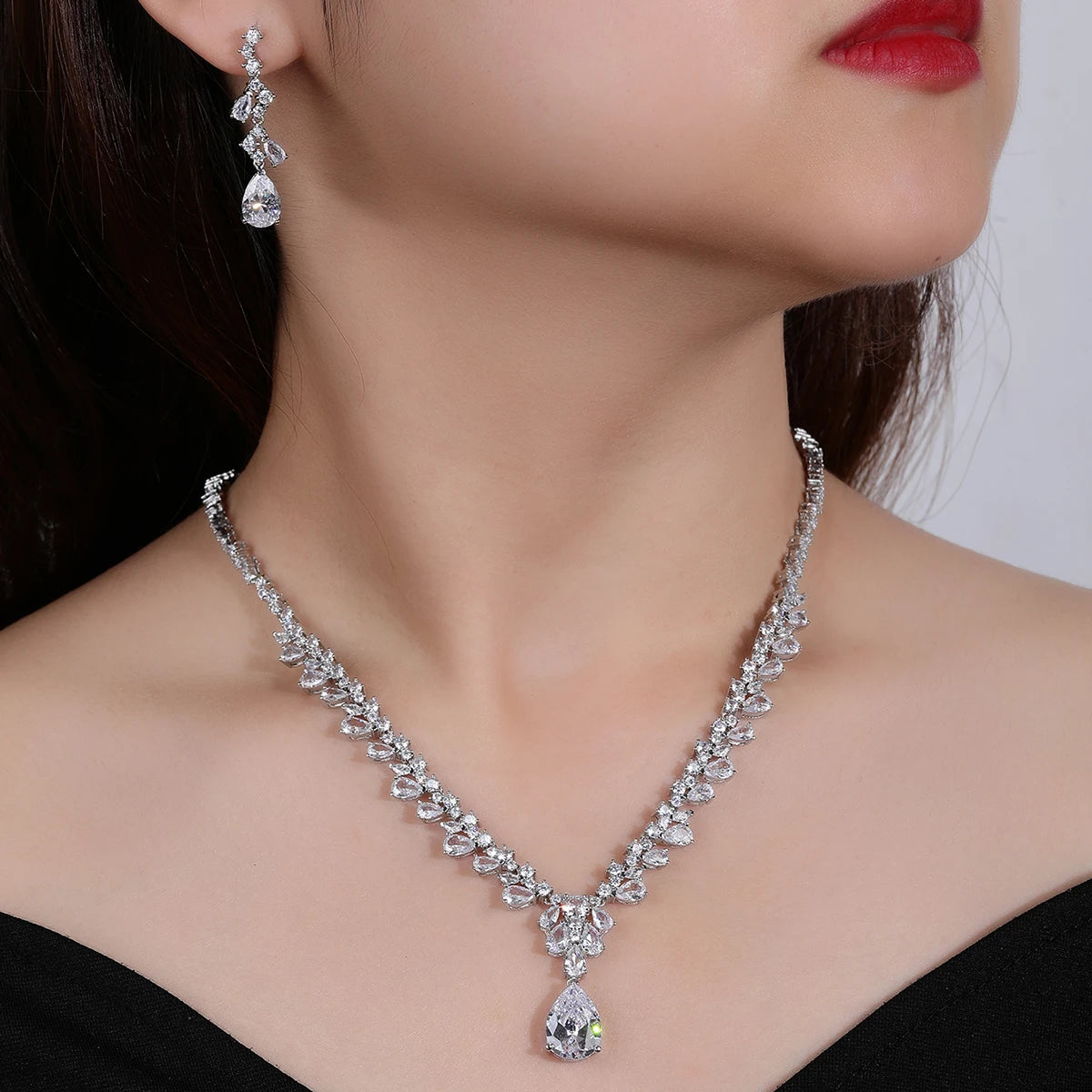 CZ Crystal Bridal Jewelry Set - Necklace & Earrings for Weddings, Anniversaries, Prom | Perfect Wedding Gift for Bride, Girlfriend | Free Shipping CN10323 | Elegant for Ceremonies, Date Nights & Special Occasions