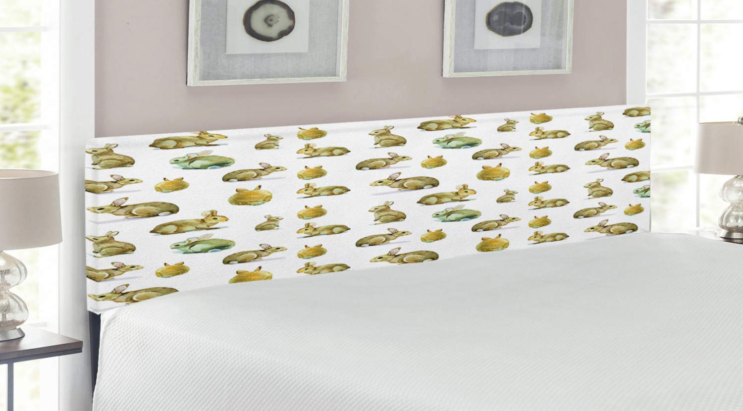 Ambesonne Watercolor Headboard - Fluffy Bunny Rabbit Easter Pet Design, Upholstered Decorative Metal Bed Frame with Memory Foam, King Size in Pale Brown & Yellow | Perfect for Easter Decor, Nursery Room, Kids Bedroom & Cozy Home Decor