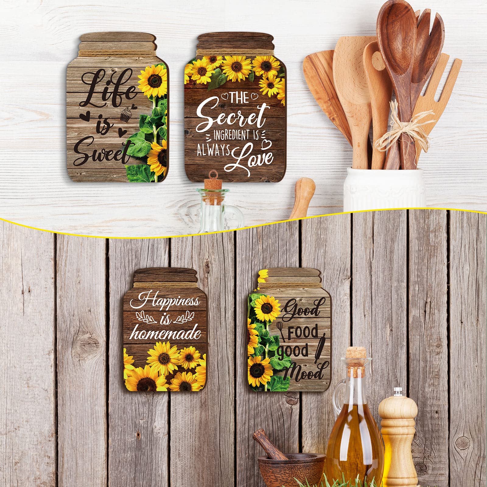 4 Pcs Rustic Wooden Mason Jar Wall Decor Set - Farmhouse Kitchen Signs with Inspirational Quotes - Sunflower Design for Home & Living Room Decoration - Perfect for Country Style Kitchens, Dining Rooms, and Cozy Spaces