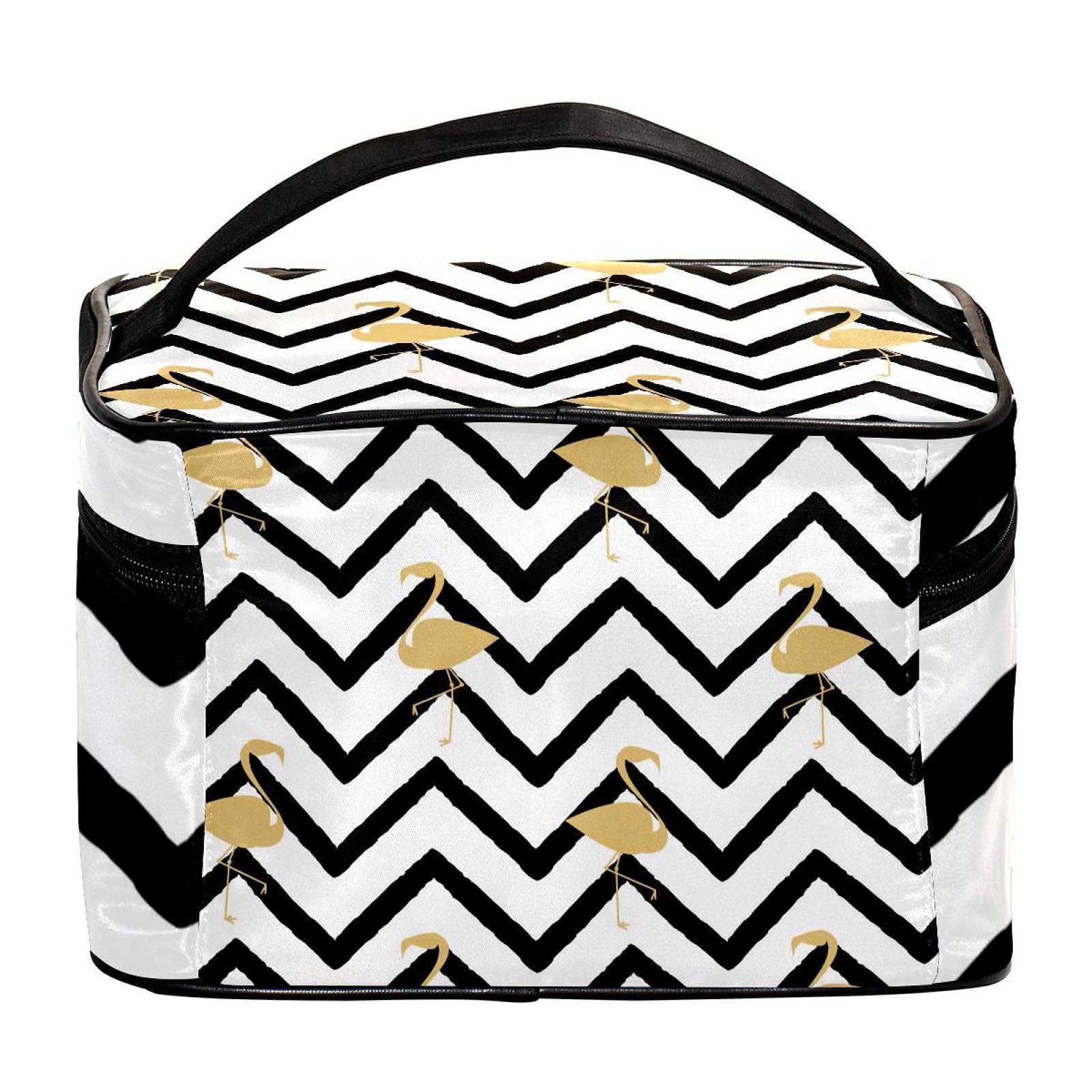 Gold Flamingo & Chevron Zigzag Travel Makeup Bag - Large Cosmetic Organizer with Zipper, Waterproof Toiletry Bag for Women & Girls | Perfect for Travel, Gym, Beach & Daily Essentials Storage