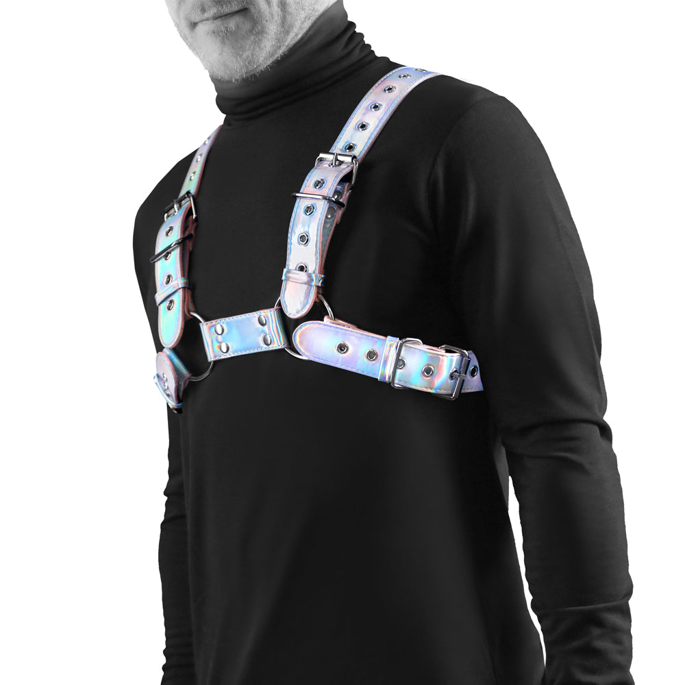 Cosmo Rogue Holographic Rainbow Bulldog Chest Harness - Adjustable Pet Harness for Small Dogs, Reflective Dog Vest for Night Walks & Outdoor Adventures