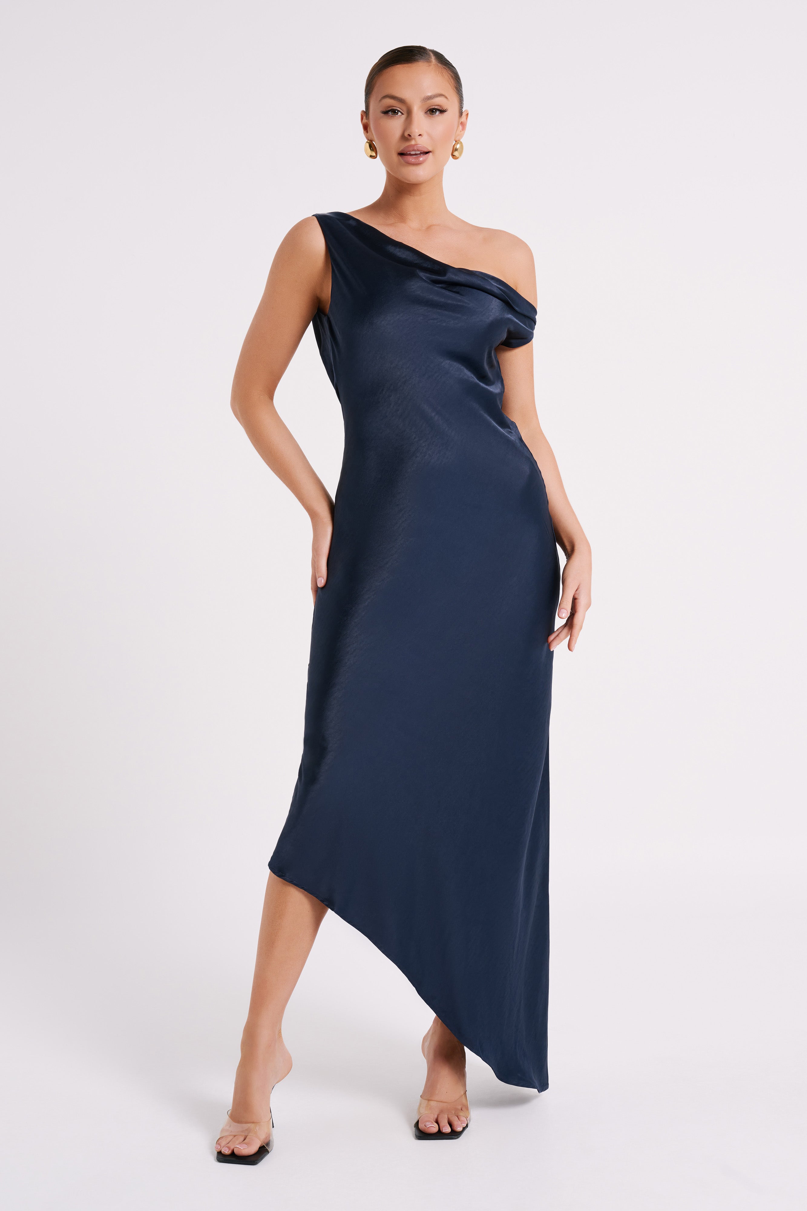 Yvette Women's Slip Maxi Dress with Asymmetrical Hem - Navy Blue Flowy Long Dress for Summer, Beach, Wedding & Special Occasions