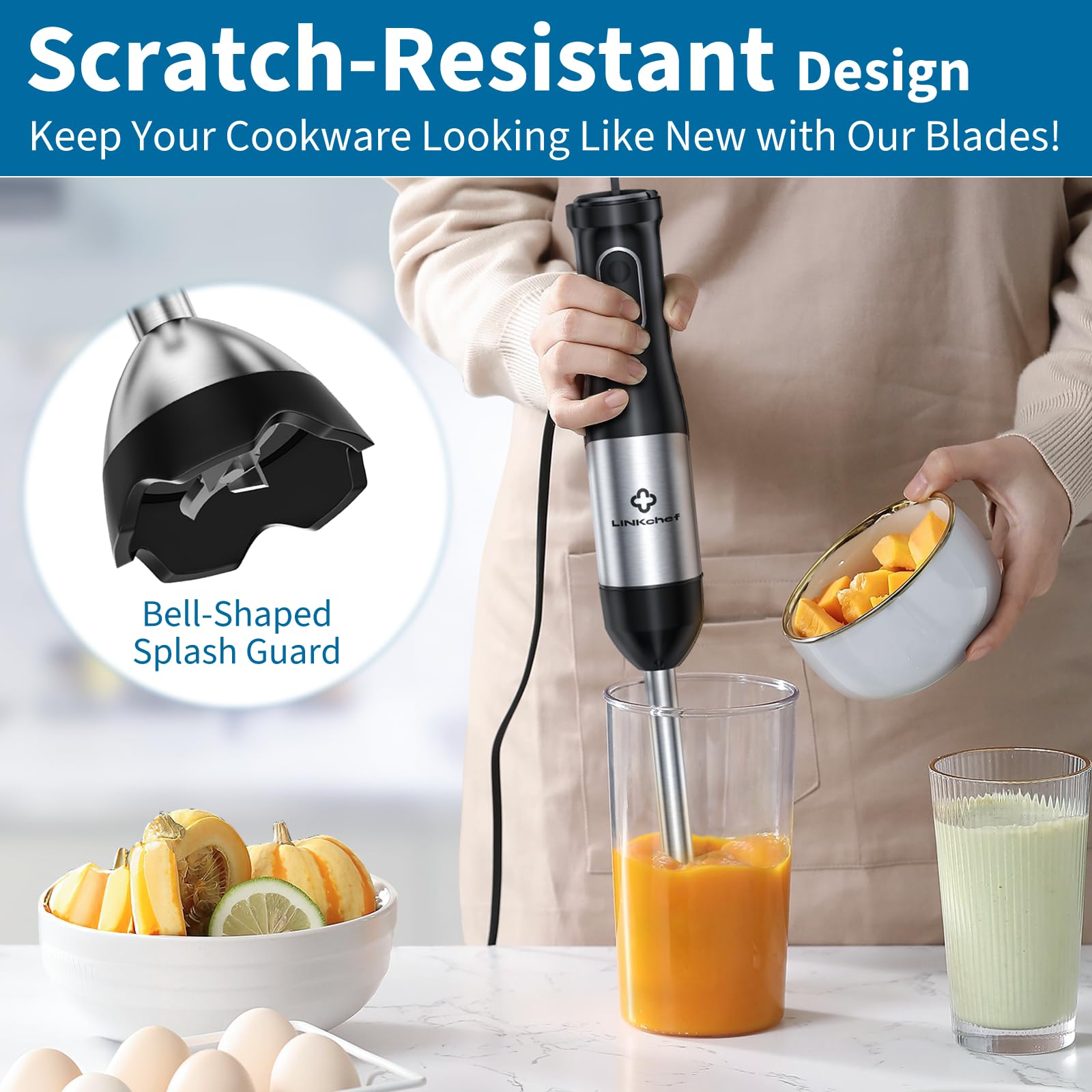 LINKChef 800W 4-in-1 Immersion Blender Handheld with Titanium Steel Blades, 20 Speeds & Turbo Mode - Includes Whisk & Food Processor - Perfect for Smoothies, Soups, Sauces & Baby Food