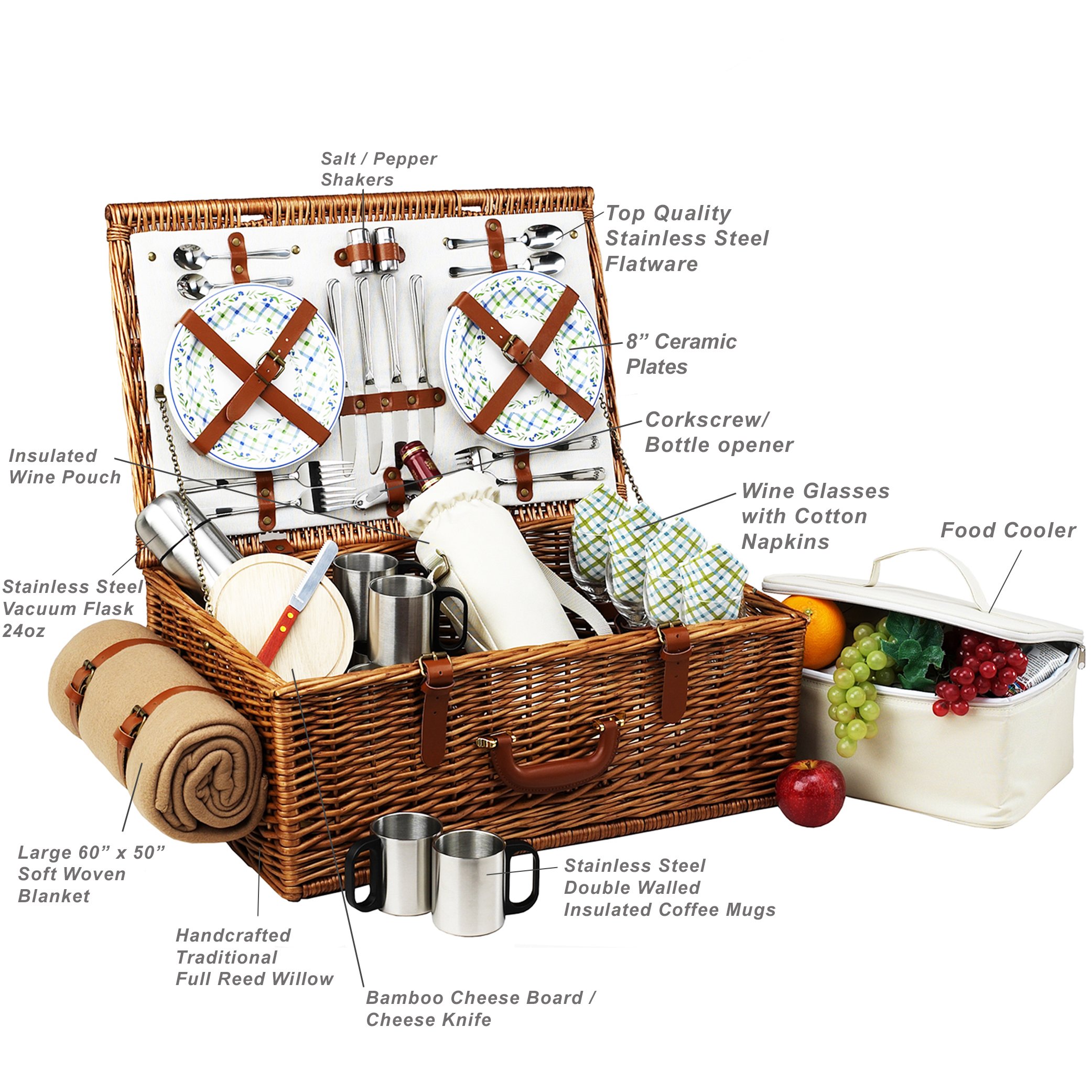 English-Style Willow Picnic Basket for 4 with Coffee Set & Blanket | Handcrafted in USA | Perfect for Outdoor Gatherings, Beach Picnics & Romantic Dates