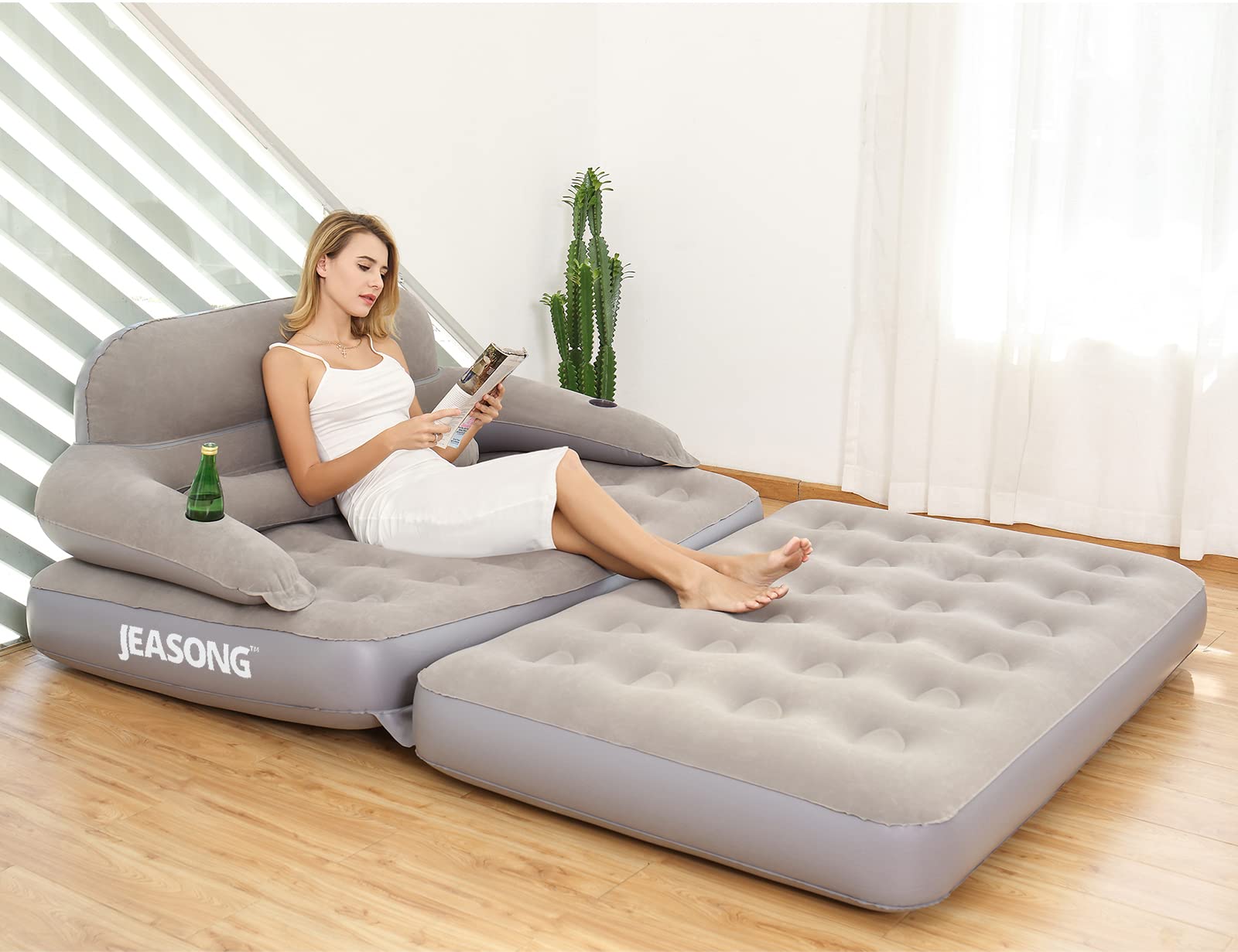 **JEASONG Inflatable Chair Air Couch with Pump - Portable Camping Air Mattress & Sofa Bed with Backrest - Multi-Mode Use for Indoor, Outdoor, Beach & Travel - Compact & Easy to Store**