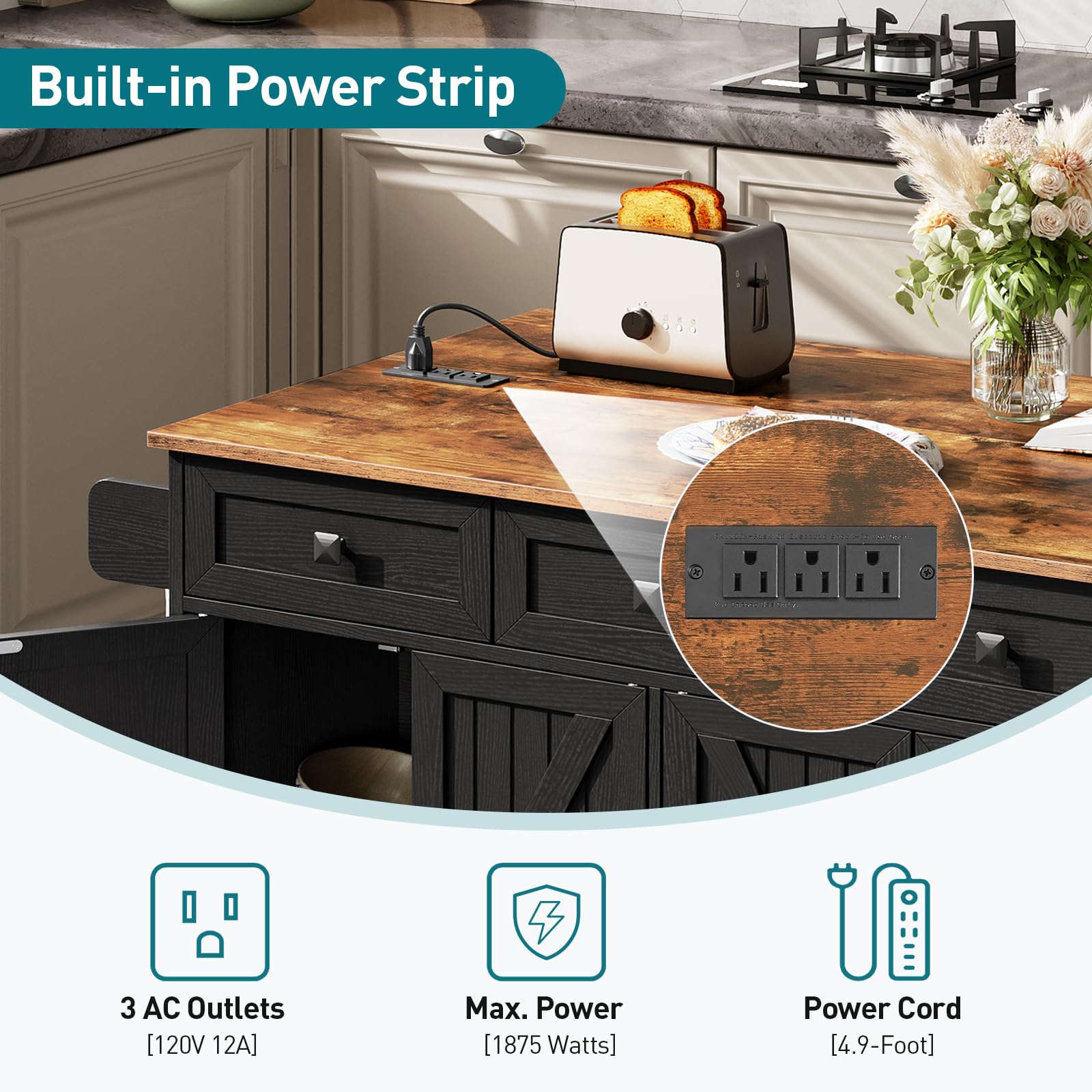 **Black & Rustic Brown Kitchen Island Cart with Drop Leaf, 3 Drawers, Towel Rack, Spice Rack & USB Charging Station – Mobile Storage Table for Small Spaces, Breakfast Bar & Kitchen Organization**    *(Use Cases: Perfect for small kitchens, meal prep, extra counter space, breakfast nook, or as a portable serving cart for entertaining.)*