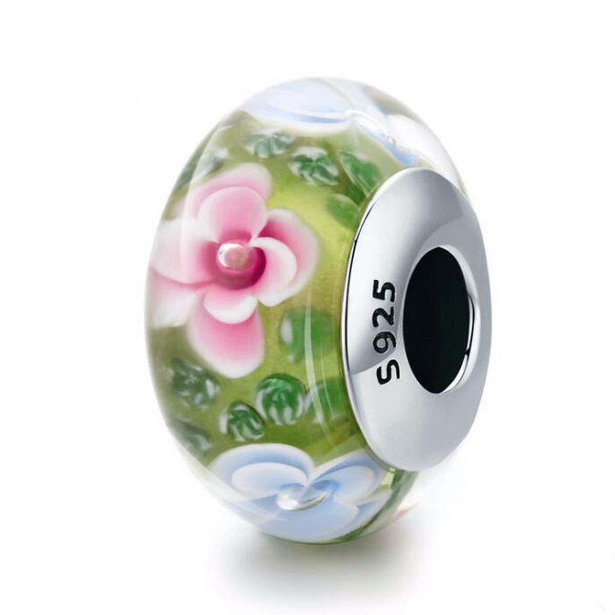Authentic Murano Glass Beads with 925 Sterling Silver Core - Blue Bubbles & Pink Flowers Charms for Pandora Bracelets | Handmade Italian Glass Jewelry for Women's DIY Bracelet Making & Gift Giving (Z073)