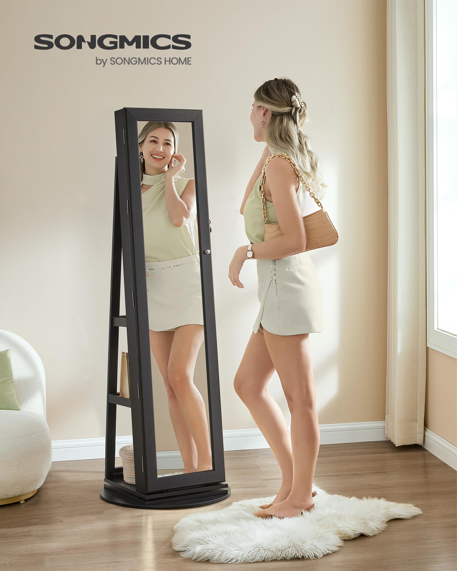 SONGMICS 360° Swivel Jewelry Cabinet with Full-Length Mirror - Lockable Jewelry Organizer with Interior Mirror & Storage Shelves - Jewelry Armoire for Bedroom, Closet or Dressing Room - Perfect Gift Idea (Black, UJJC006B01)