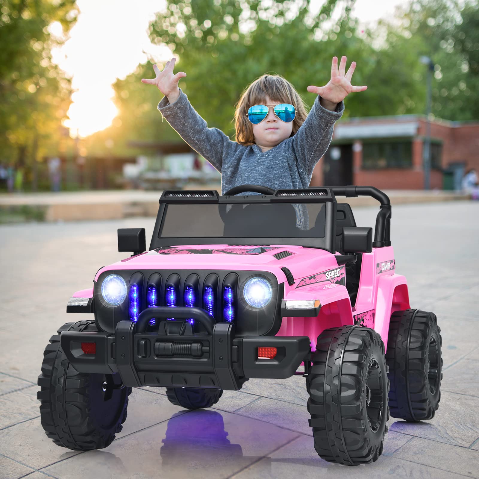 OLAKIDS 12V Electric Ride On Truck for Kids - Remote Control Battery Powered Toddler Car with Music, Horn, 3 Speed Settings, LED Lights & Bluetooth - Pink Kids Toy Truck for Indoor/Outdoor Play, Birthday Gifts & Backyard Fun