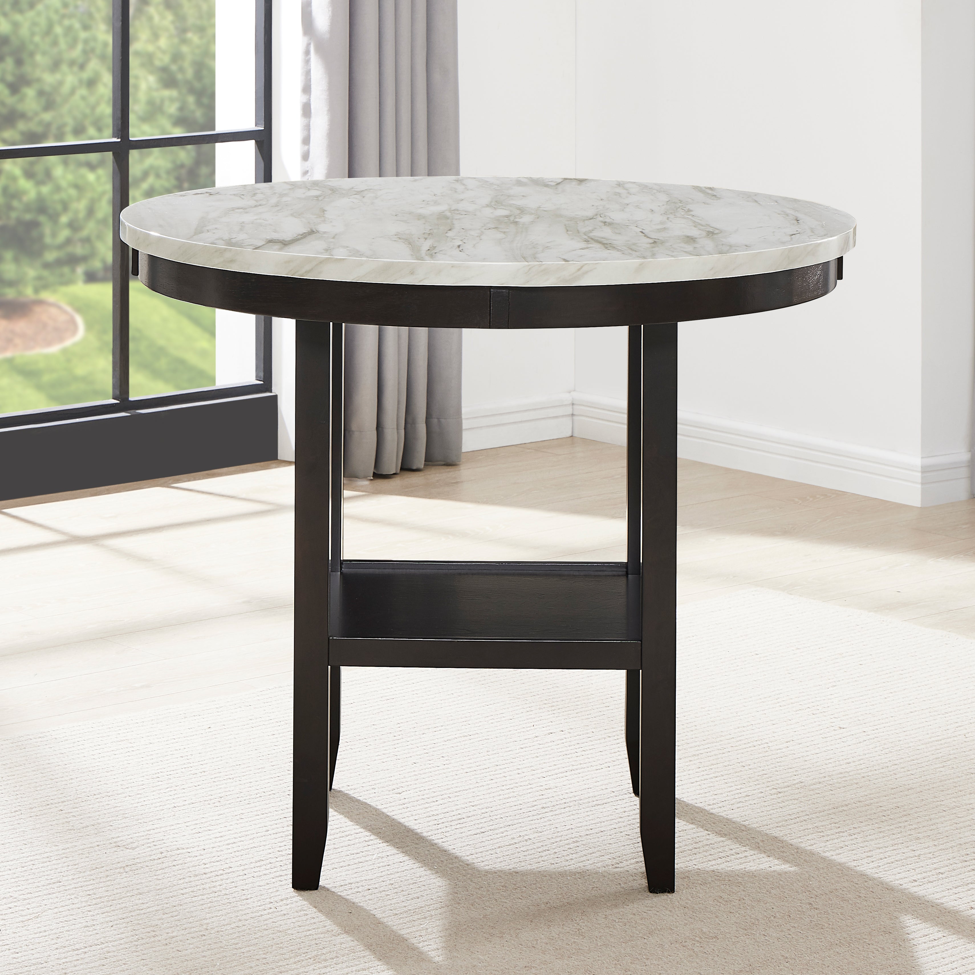 Roundhill Furniture 5-Piece Mella Counter Height Dining Set - Round Faux Marble Table with 4 Black Velvet Parsons Stools - Perfect for Kitchen, Breakfast Nook & Small Space Dining