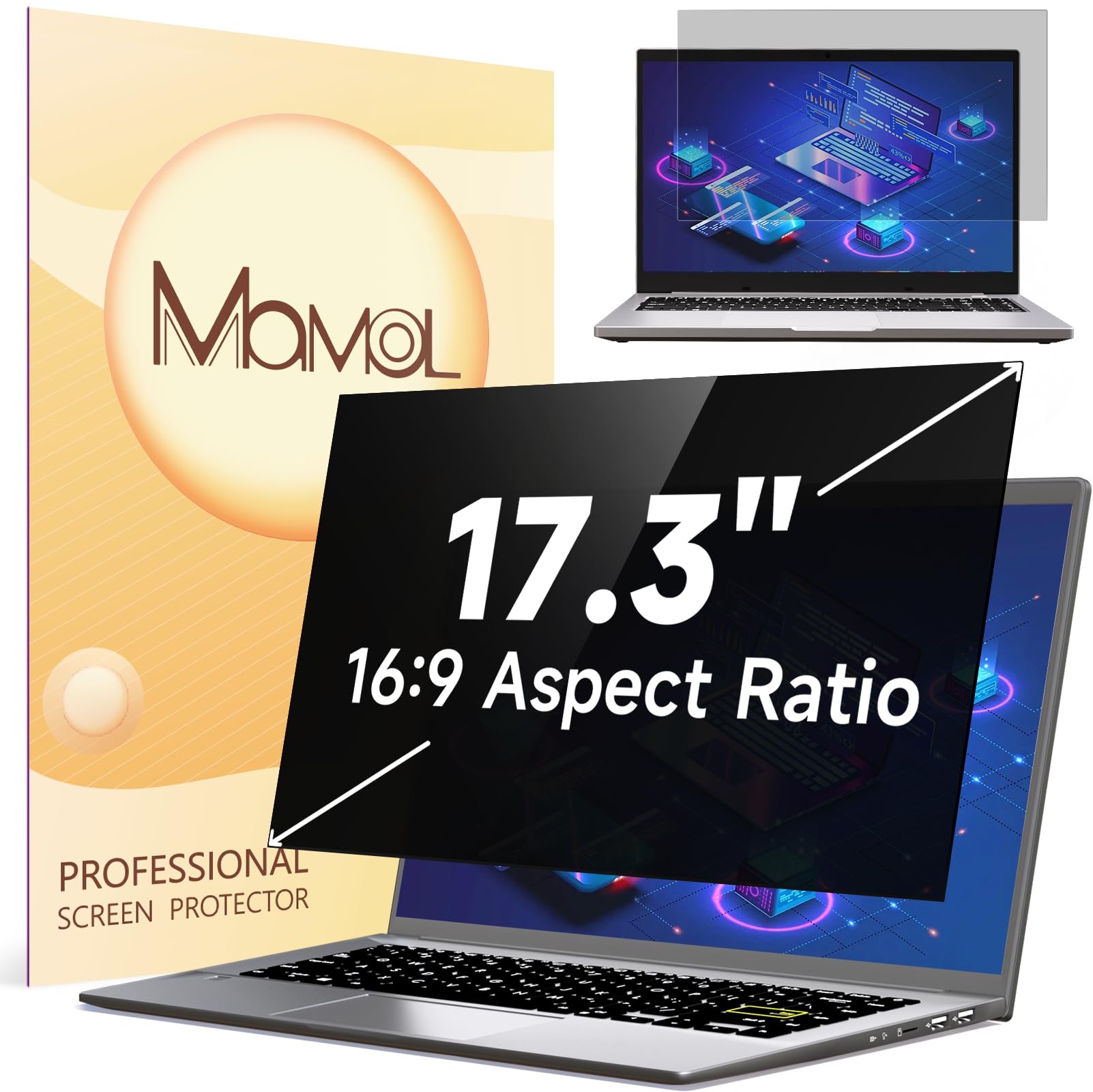 17.3 Inch Mamol Laptop Privacy Screen - 16:9 Anti Blue Light Glare Filter, Removable Anti-Scratch Screen Protector for Enhanced Privacy in Office and Public Spaces