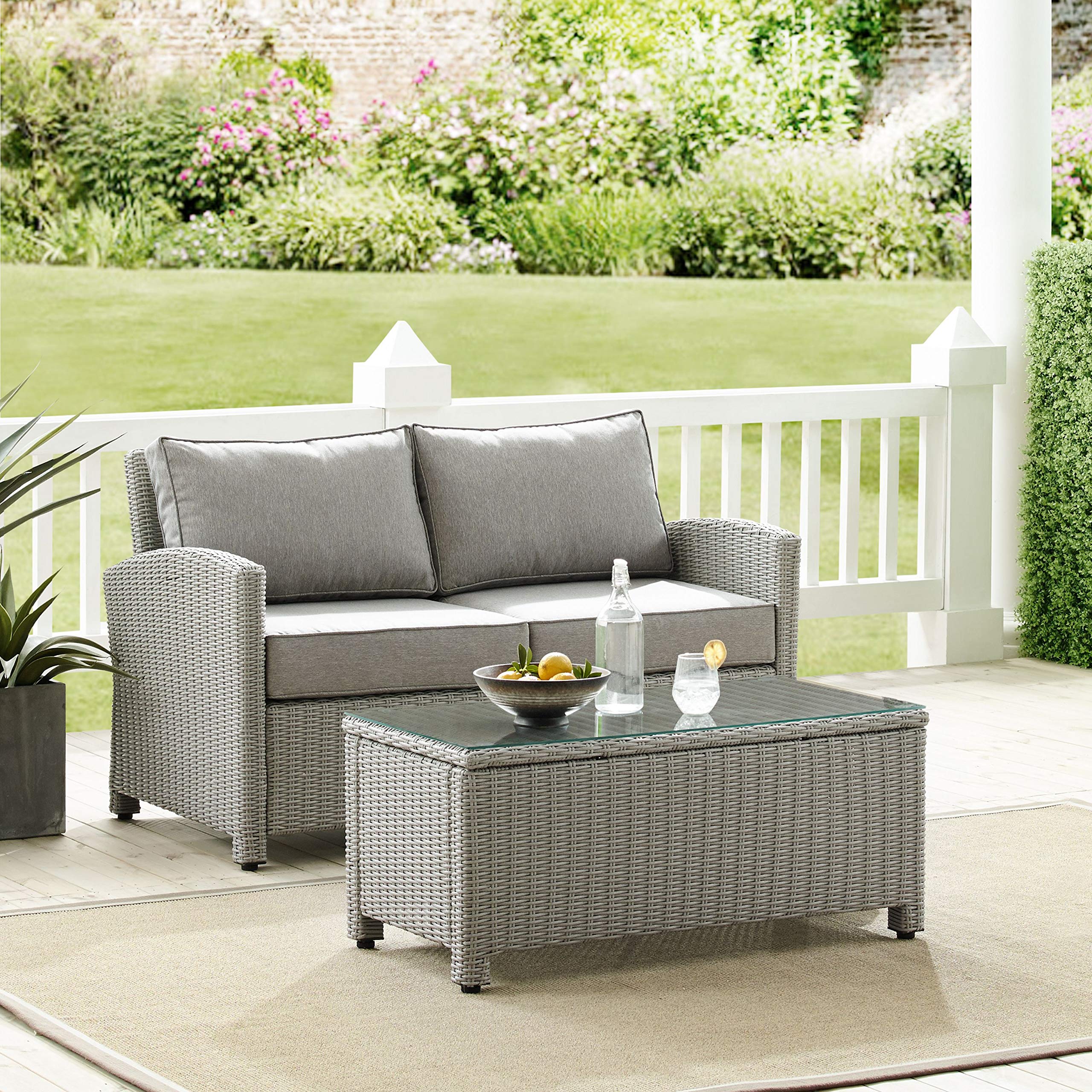 Crosley Bradenton 3-Piece Outdoor Wicker Loveseat Set with Gray Cushions - Patio Furniture Conversation Set for Porch, Garden & Backyard Relaxation