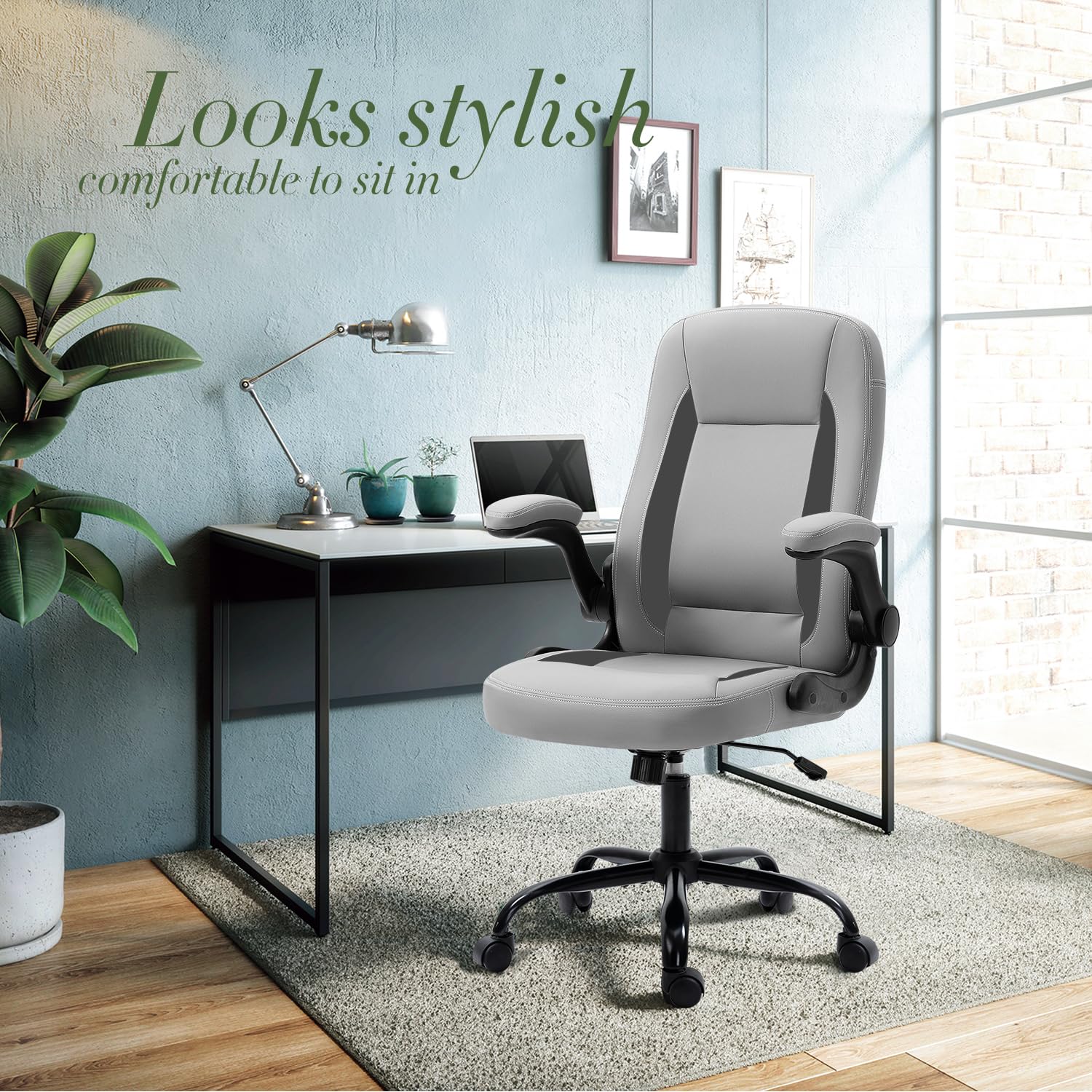 SEATZONE Ergonomic High Back Office Chair with Flip-Up Arms, Swivel & Wheels - Modern Leather Desk Chair for Adults & Teens - Gray - Perfect for Home Office, Gaming & Workspaces