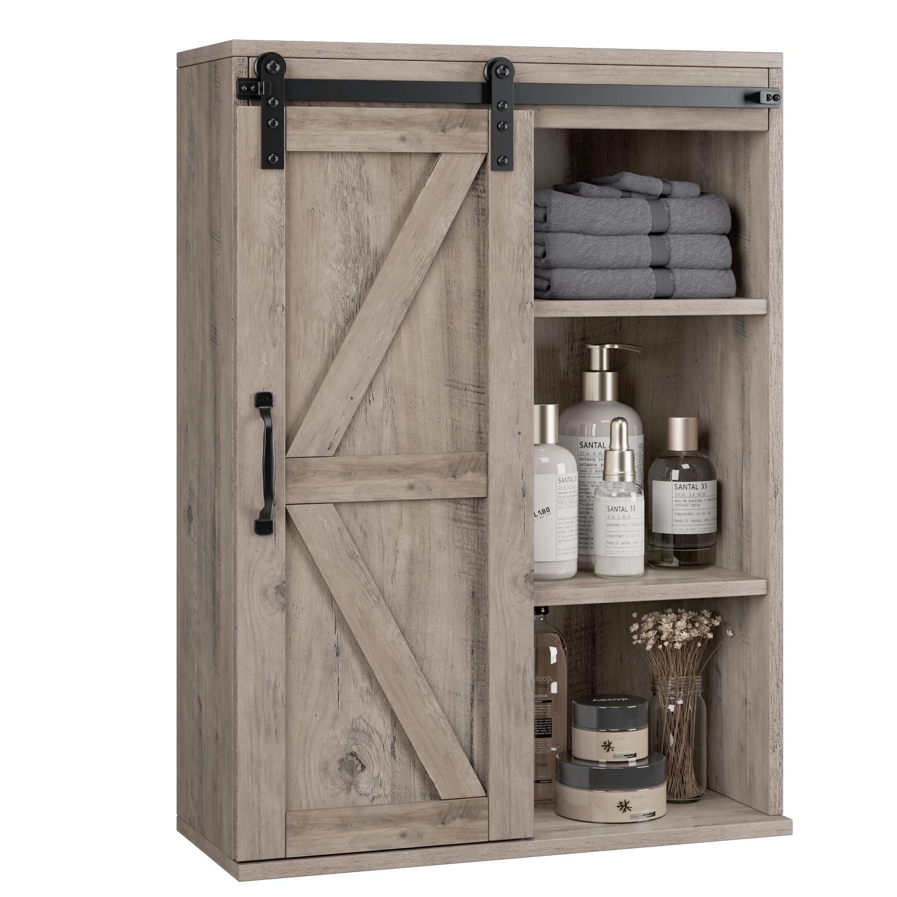 Farmhouse Wall Mounted Bathroom Cabinet with Sliding Barn Door - Adjustable Shelf Medicine Storage Cabinet for Toilet, Laundry & Kitchen - Ash Grey - Perfect for Small Space Organization & Rustic Home Decor