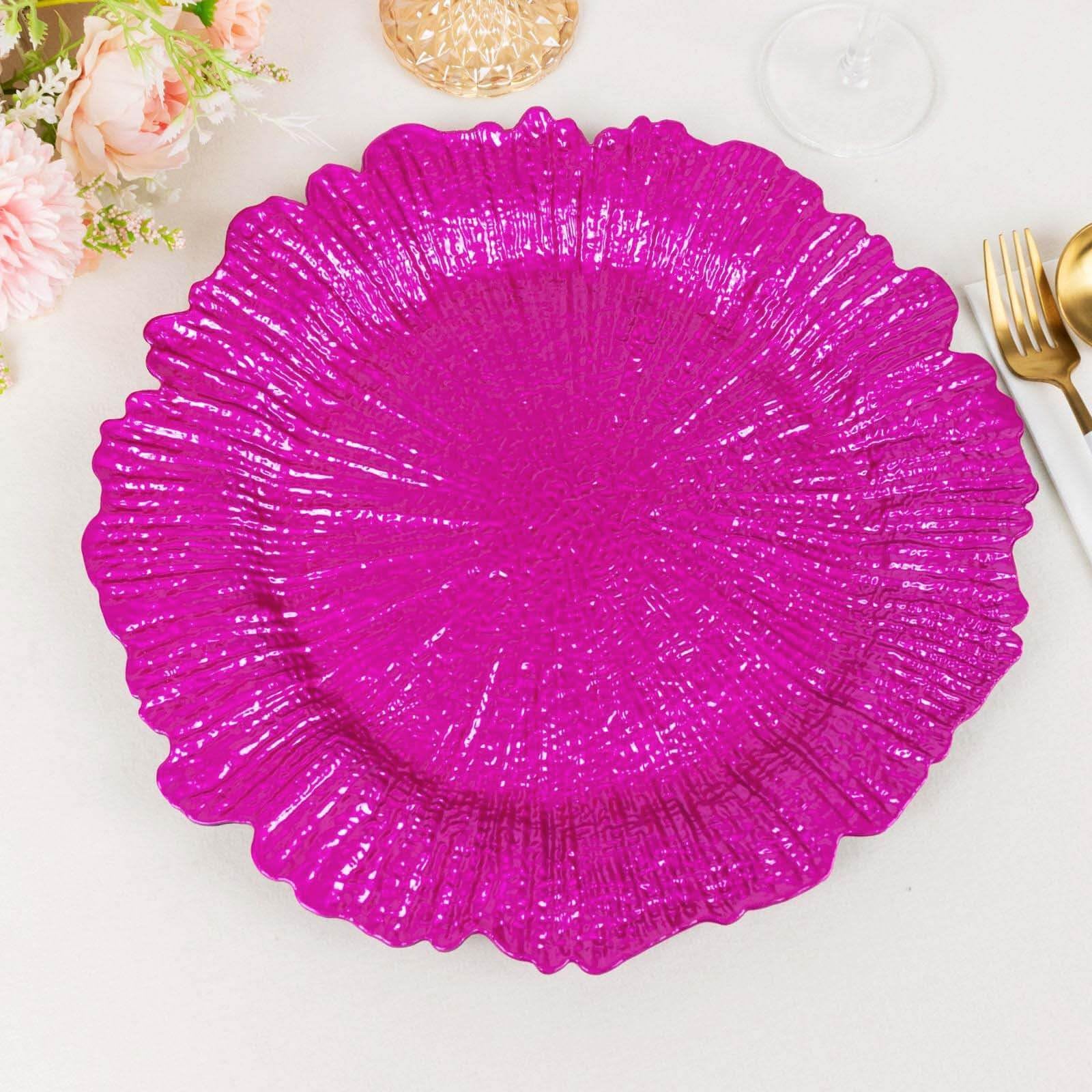 Efavormart 6 Pack Fuchsia Round Reef Acrylic Plastic Charger Plates - 13 Inch Decorative Dinner Plates for Weddings, Parties & Formal Dining
