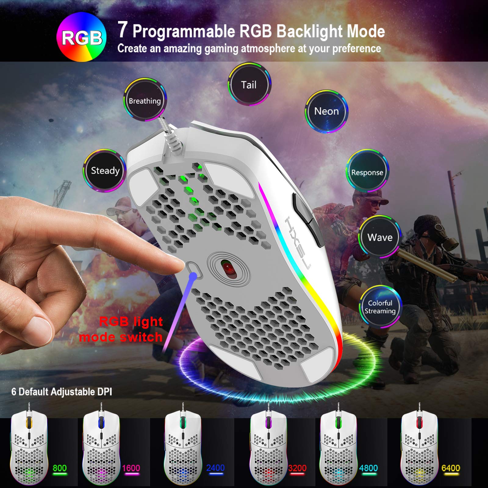 J900 Wired Gaming Mouse - 6 RGB Lighting Modes, 6400 DPI, Programmable USB Gaming Mouse with 6 Buttons & Honeycomb Shell Ergonomic Design for PC, Xbox, PS4 Gamers - White | Perfect for FPS, MOBA, and Esports Gaming