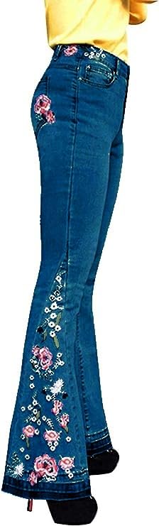 Vintage 70s Women's Flared Embroidered Bell Bottom Jeans | High Waisted Tummy Control Bootcut Denim Pants for Western Y2K Style | Perfect for Casual Outfits, Parties & Retro Fashion