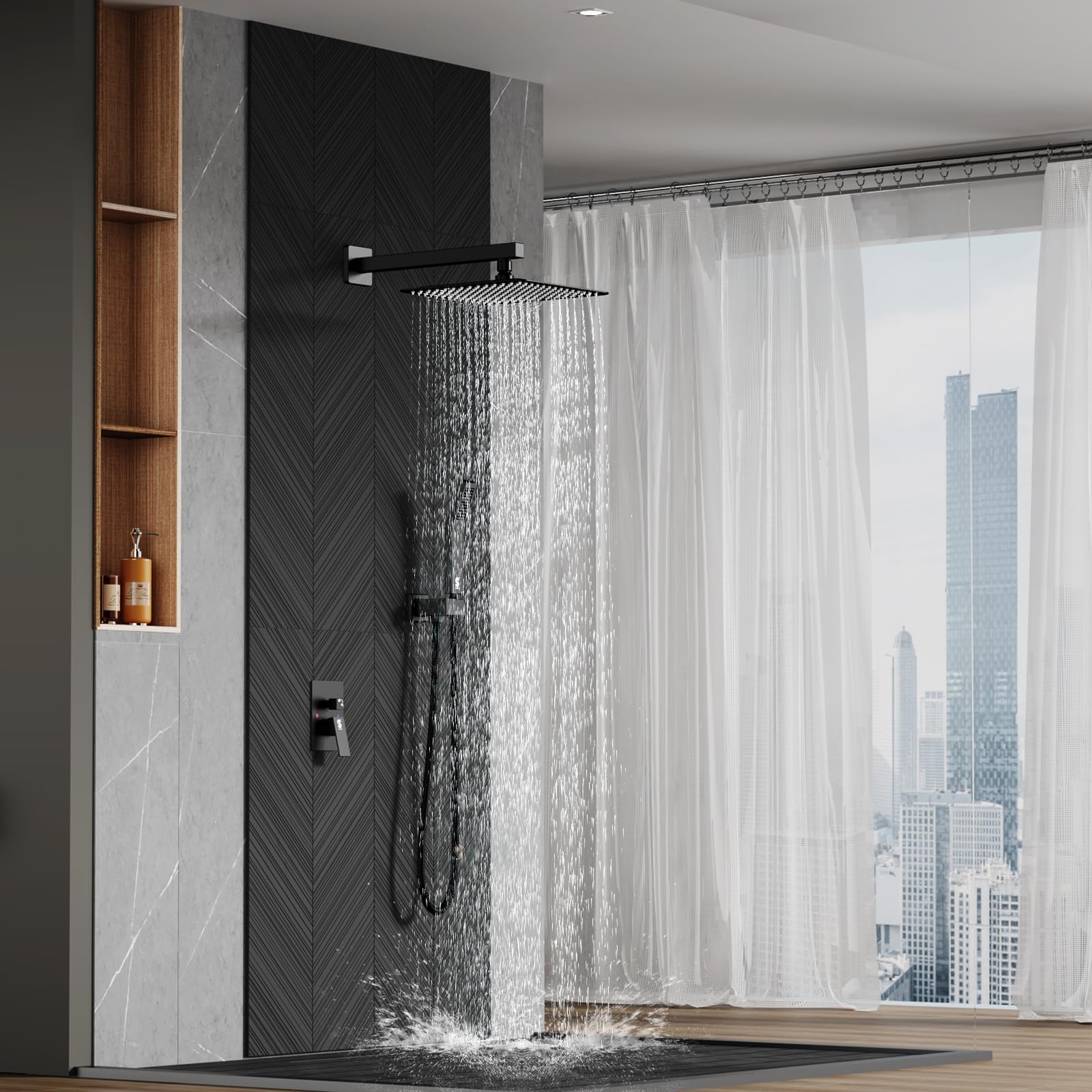 SR SUN RISE Black Square Rainfall Shower Head and Handle Set - Wall Mounted Shower Fixtures with Metal Faucet Trim & Valve Repair Kit for Bathroom Renovation - Perfect for Modern Home, Spa, and Luxury Shower Experience