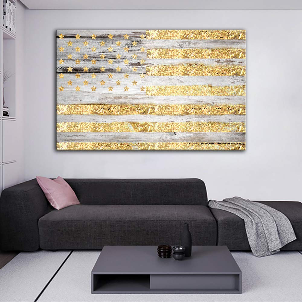 AMEMNY Wooden Gold American Flag Canvas Art - Framed Wall Decor Painting, Ready to Hang | Patriotic Home Office & Living Room Decor